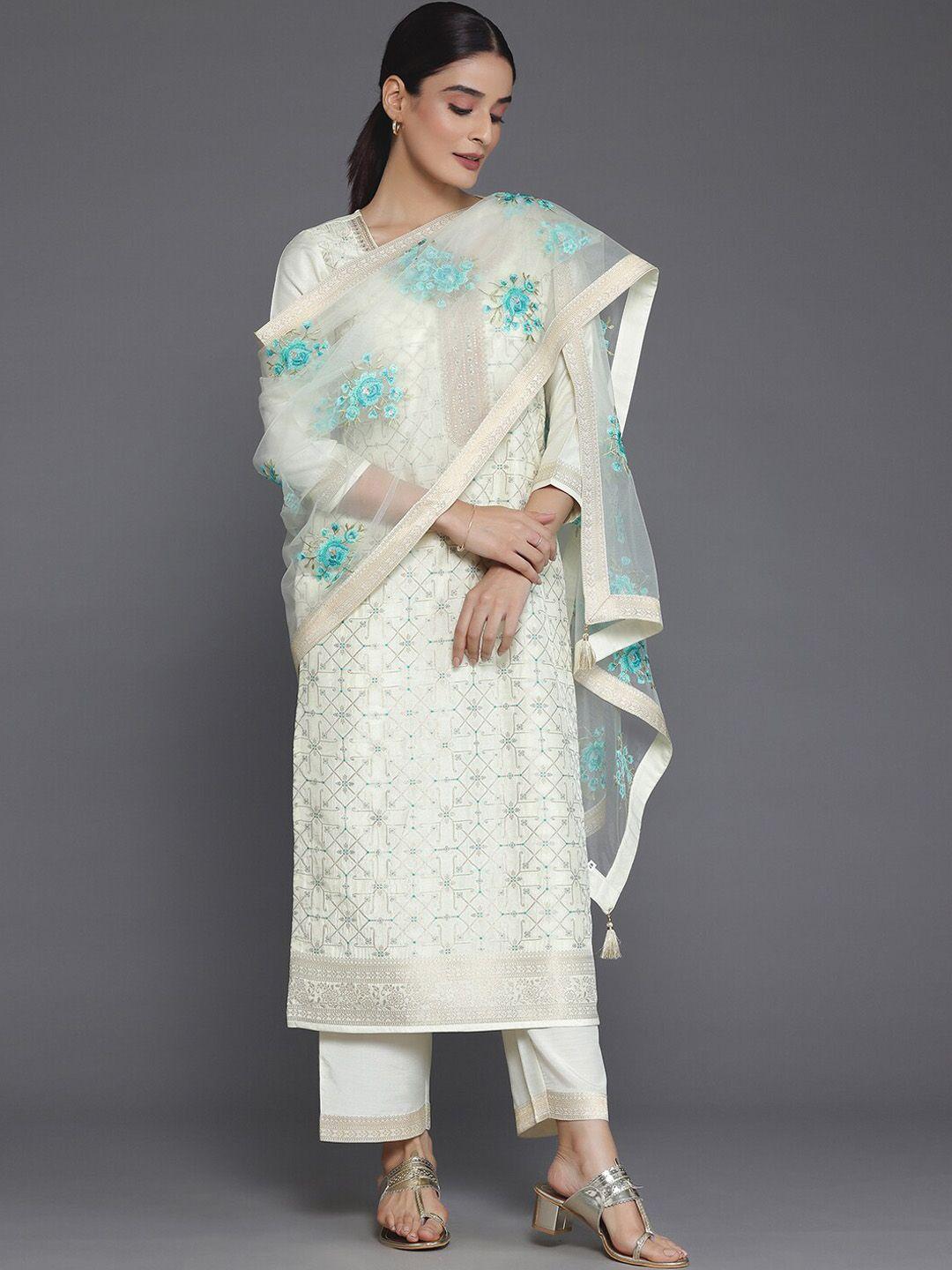 libas cream coloured ethnic woven design straight kurta with trousers & dupatta