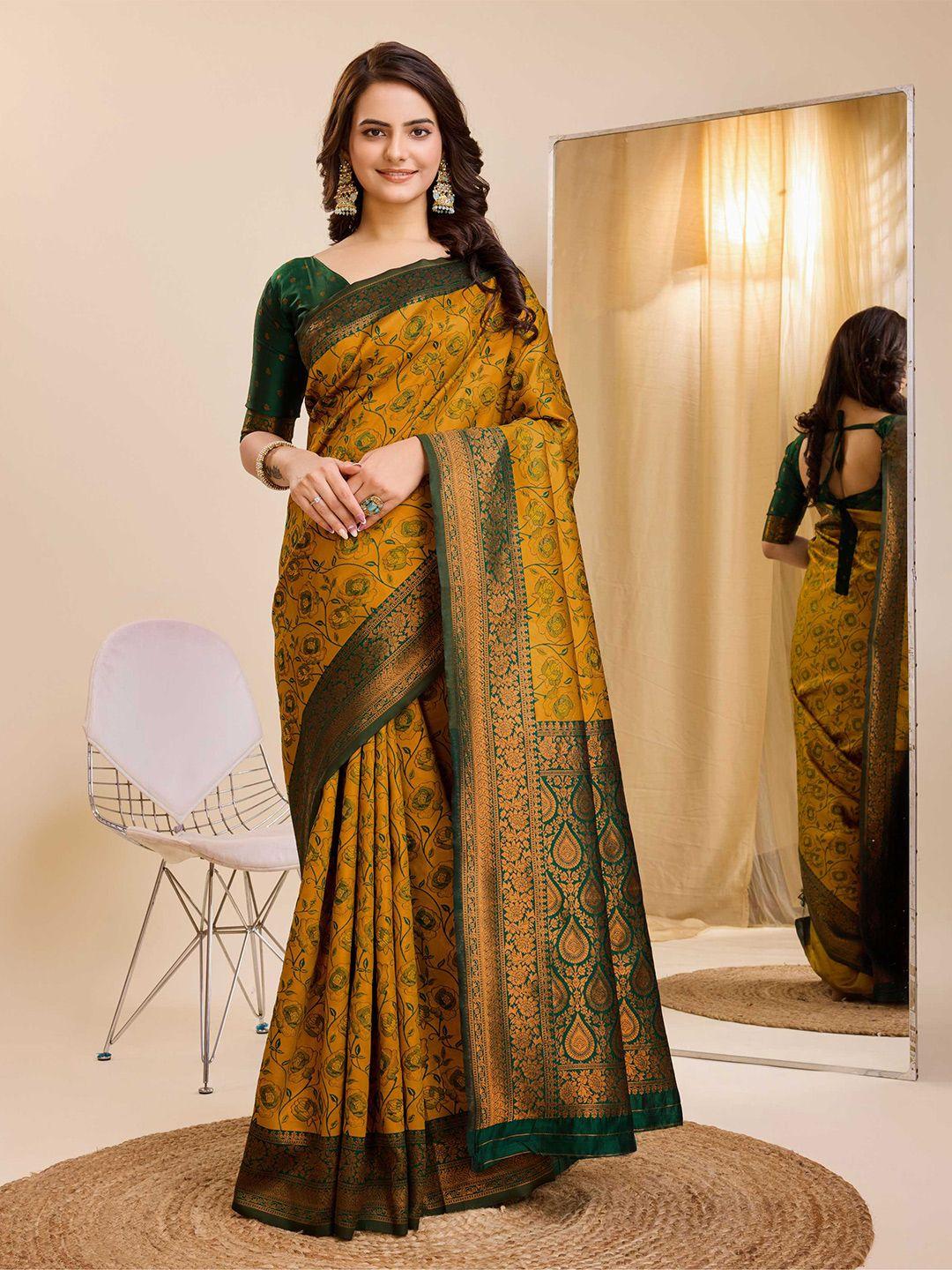 here&now mustard yellow floral woven design zari banarasi saree