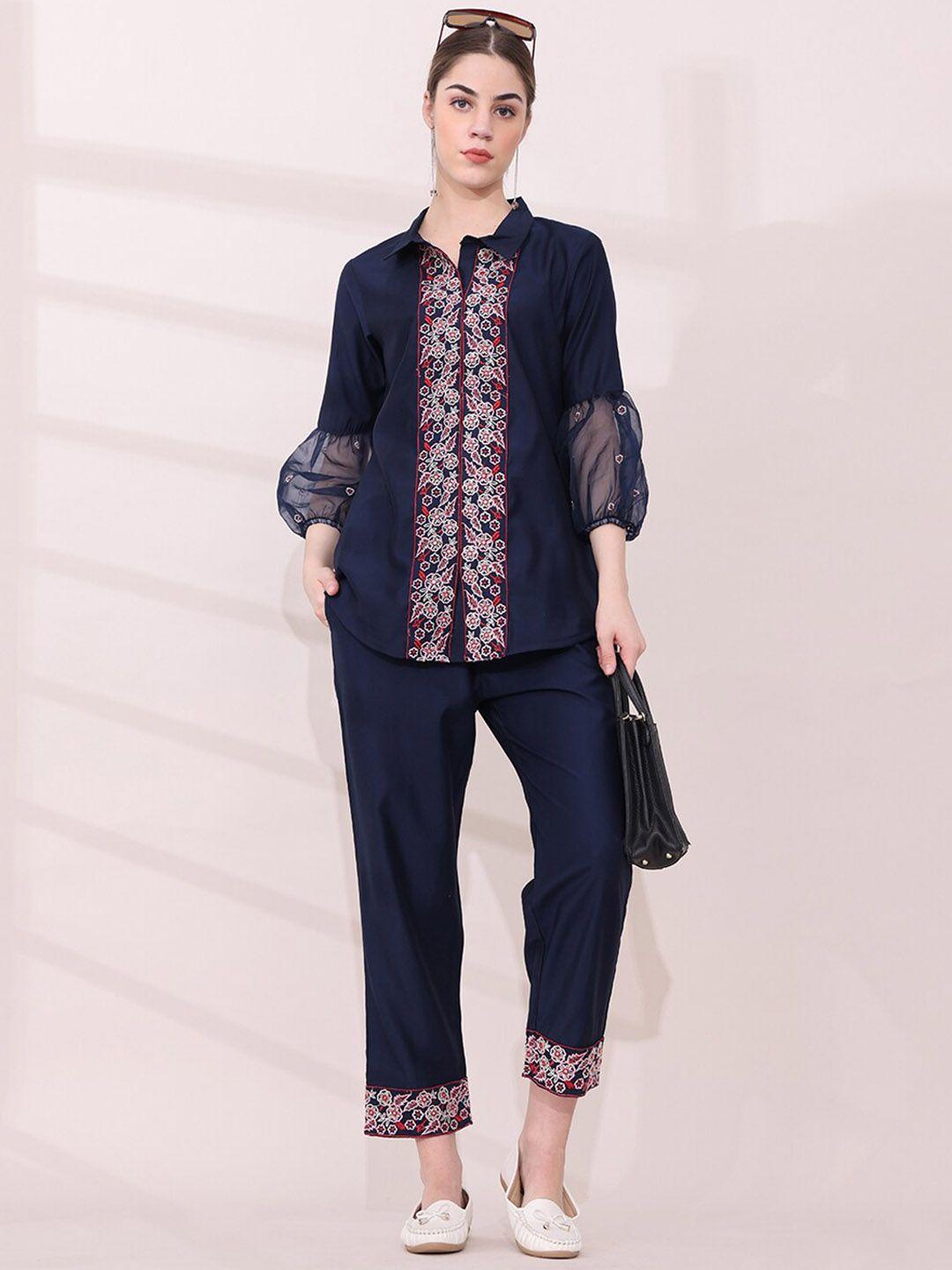 anouk embroidered shirt collar neck shirt & flared trouser co-ords