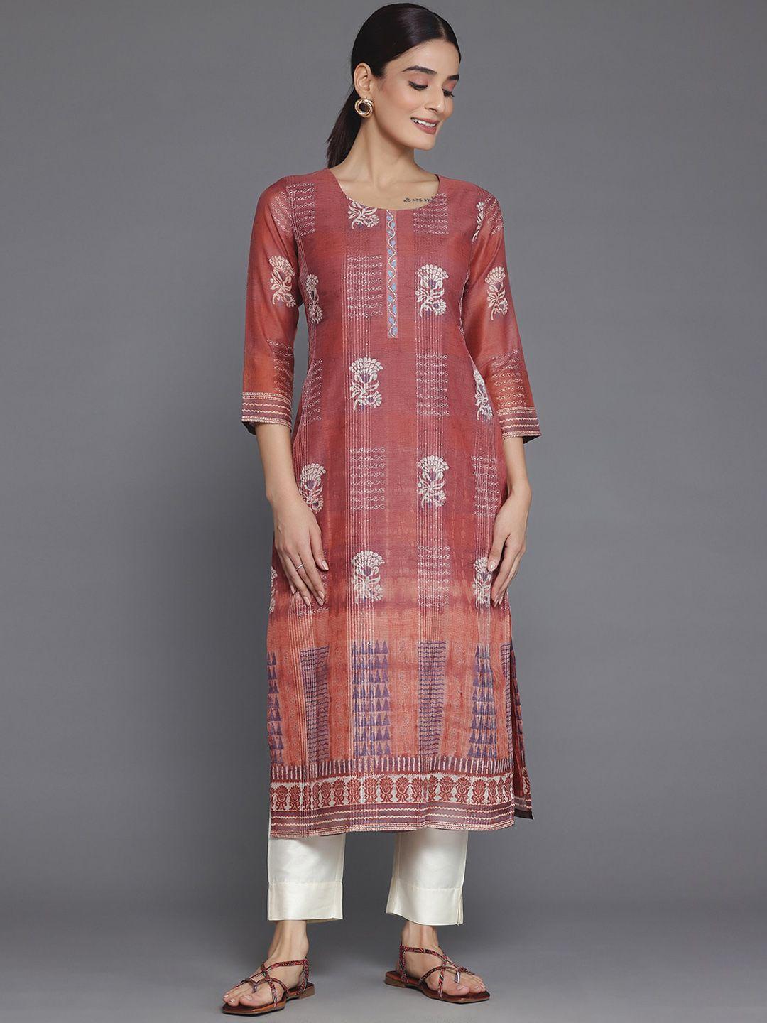 libas round neck geometric printed chanderi silk kurta