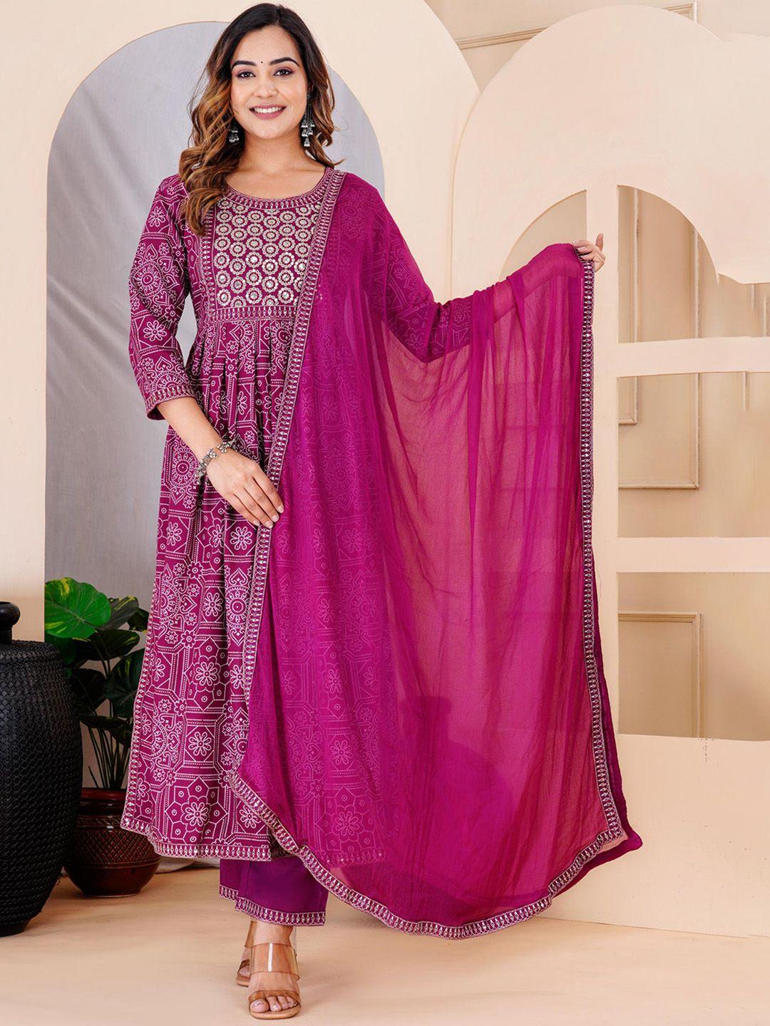 lovista women bandhani embroidered high slit zardozi kurta with trousers & with dupatta