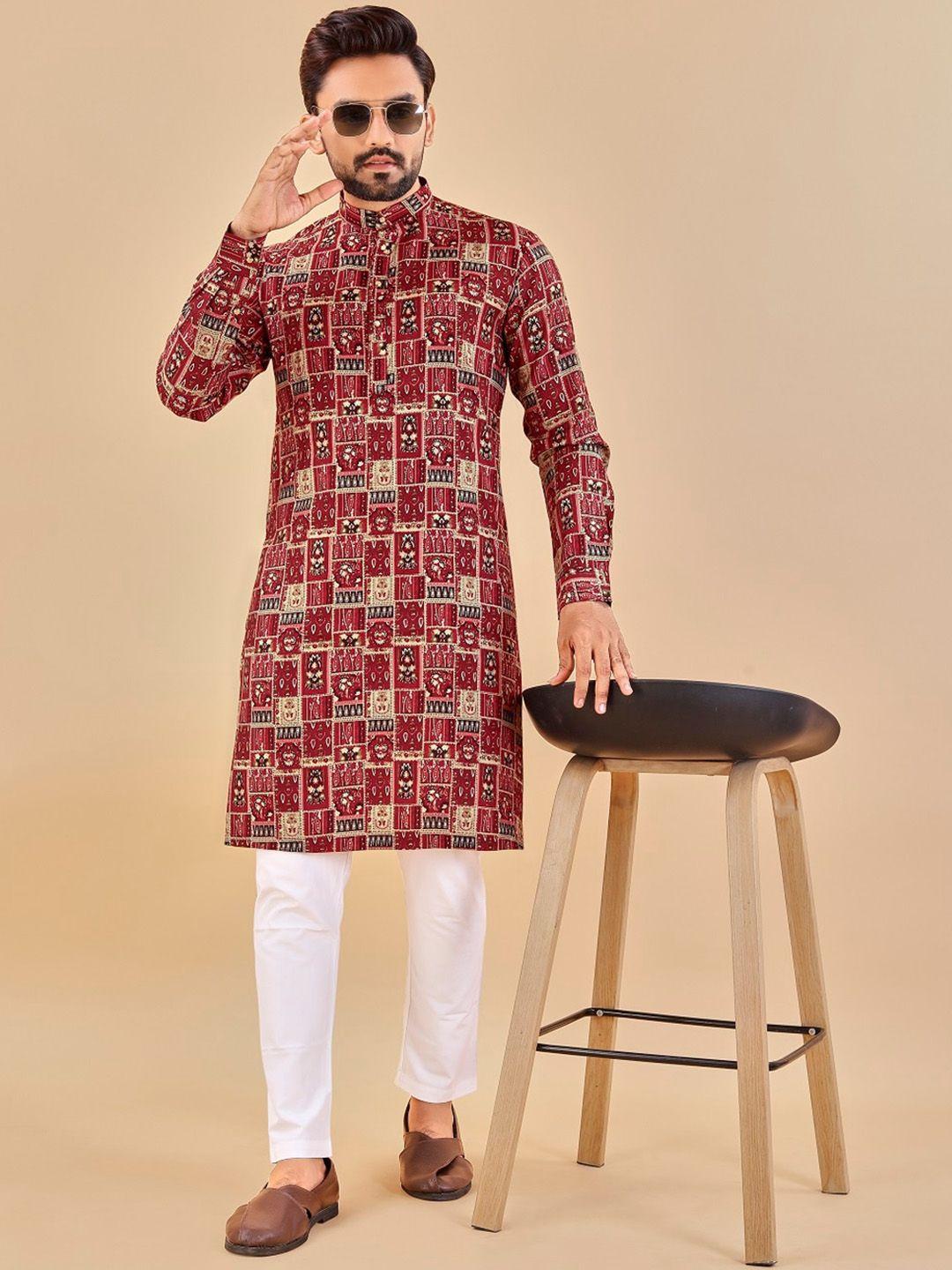 baesd men geometric checked cold-shoulder sleeves thread work kurta