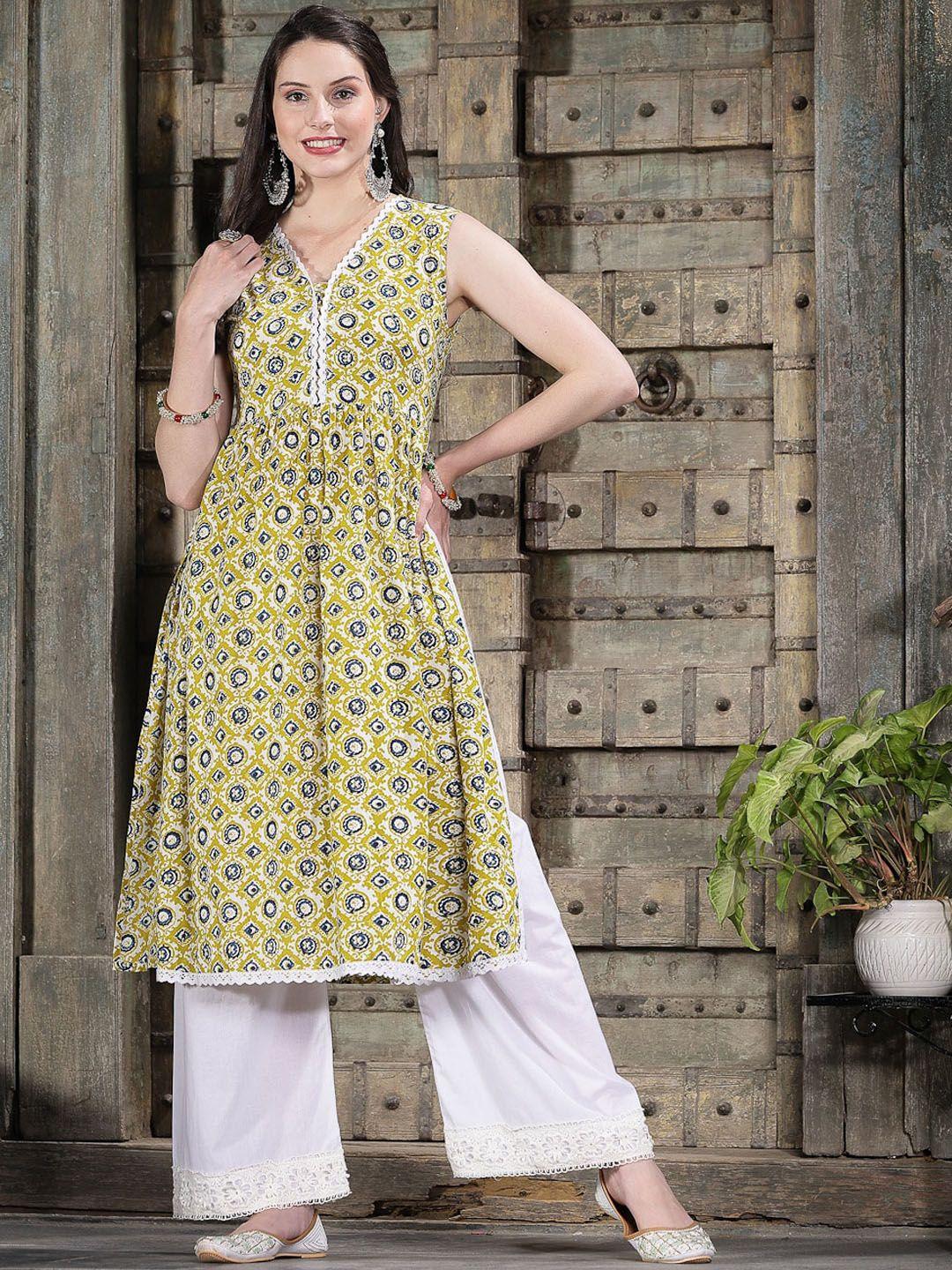 stylum yellow & green ethnic motifs printed cotton strigth kurta