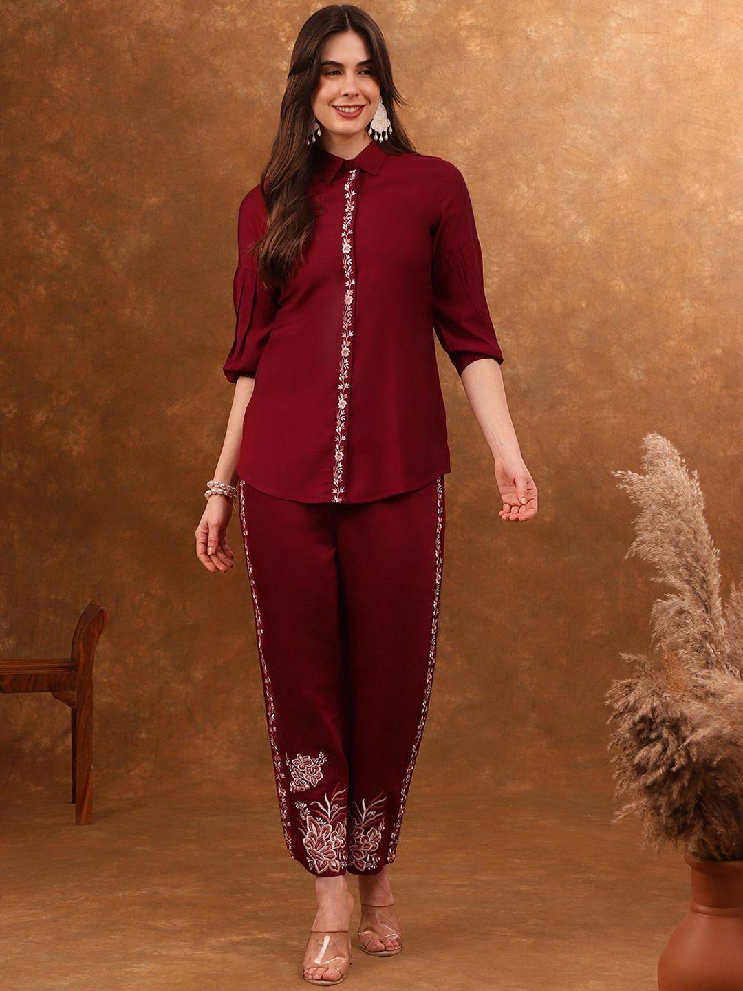 anouk red embroidered tunic with trousers co-ords