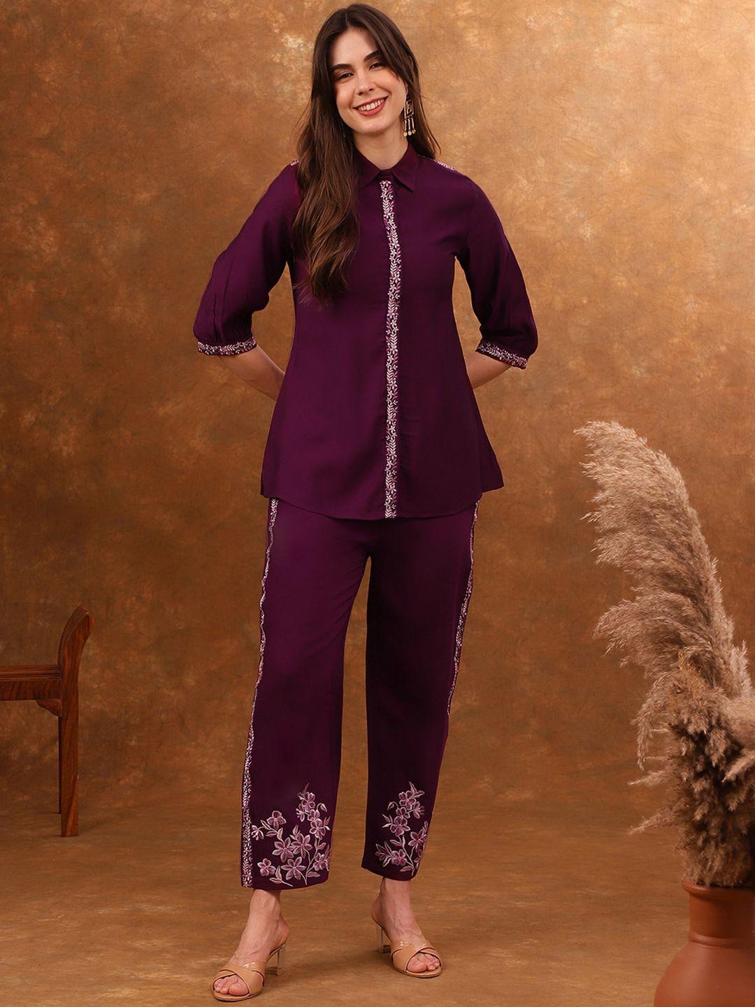 anouk violet embroidered tunic with trousers co-ords