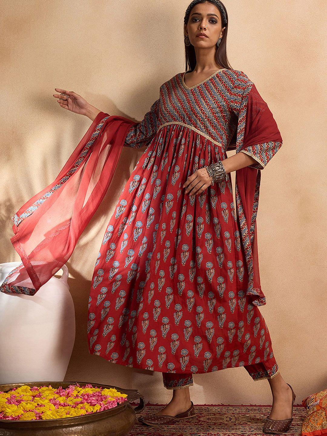 indo era floral printed empire pure cotton a-line kurta with trousers & dupatta