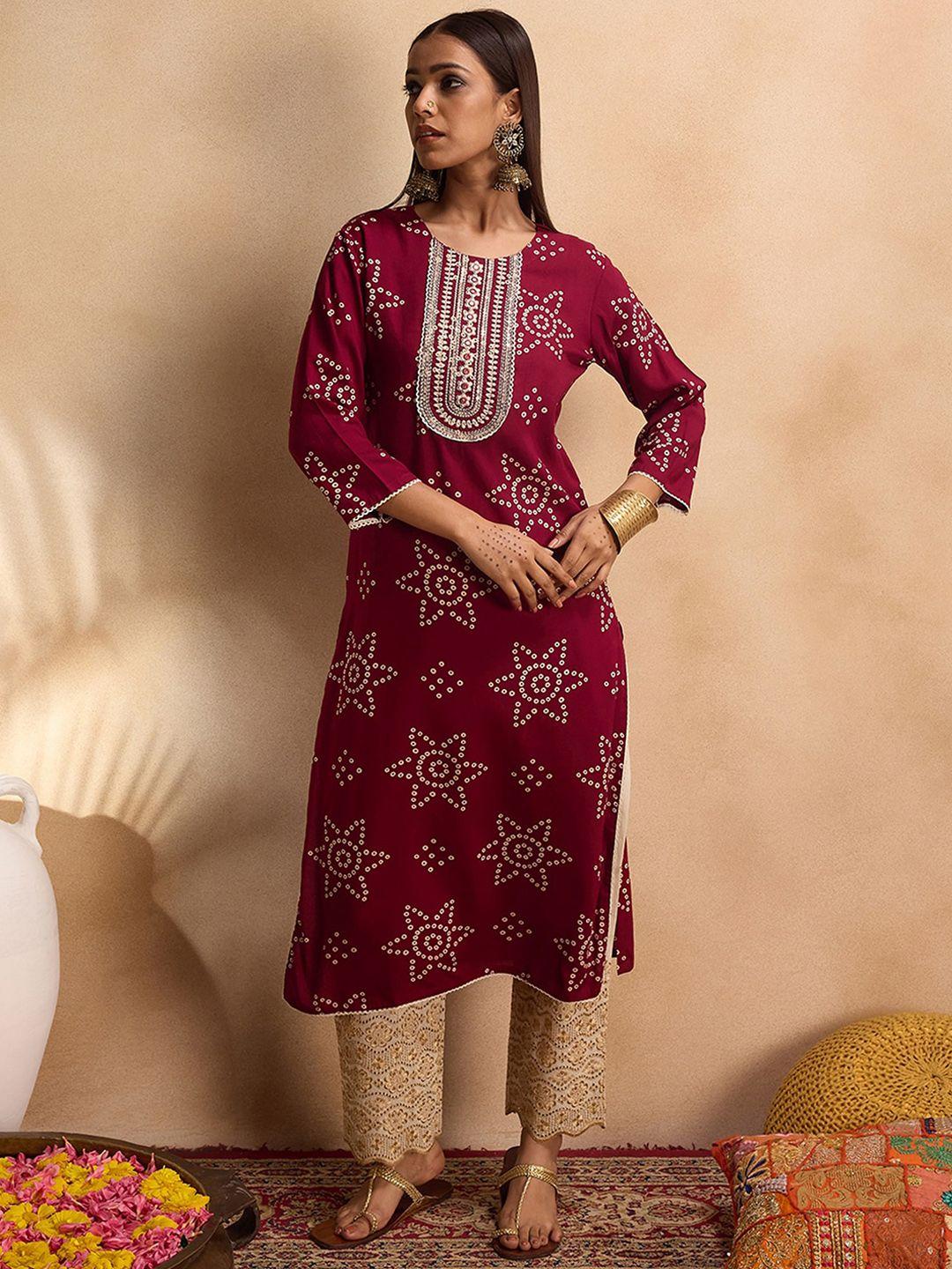 indo era floral printed embroidered bandhani prints straight kurta