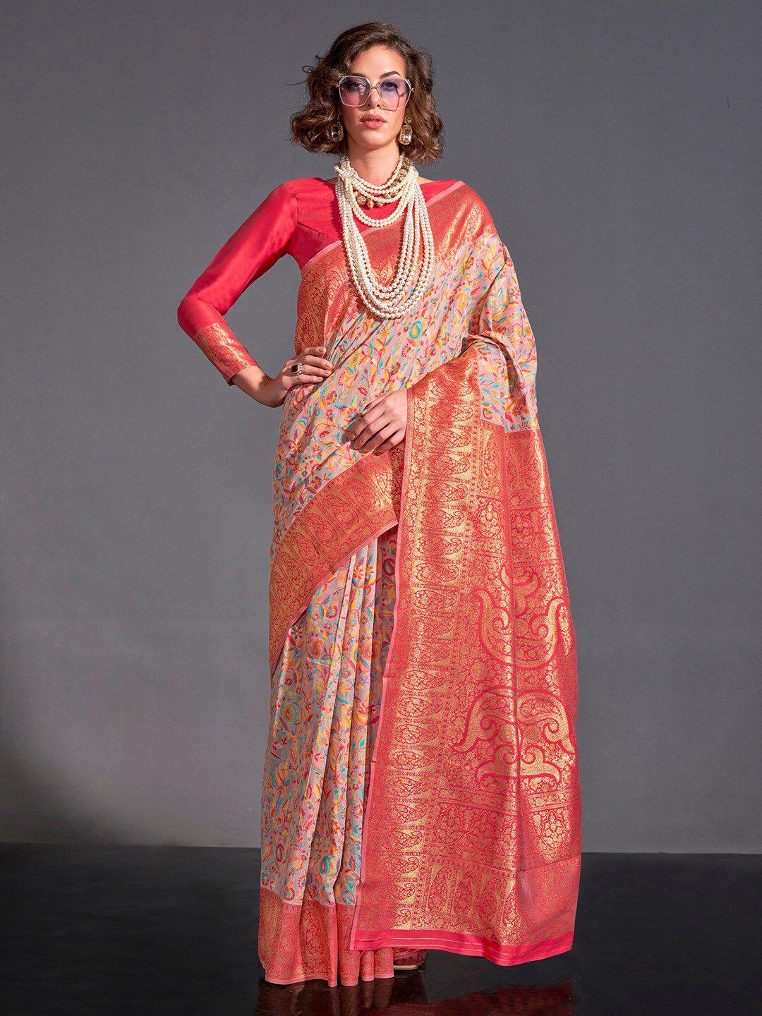 mitera orange & blue ethnic motifs printed zari banarasi saree