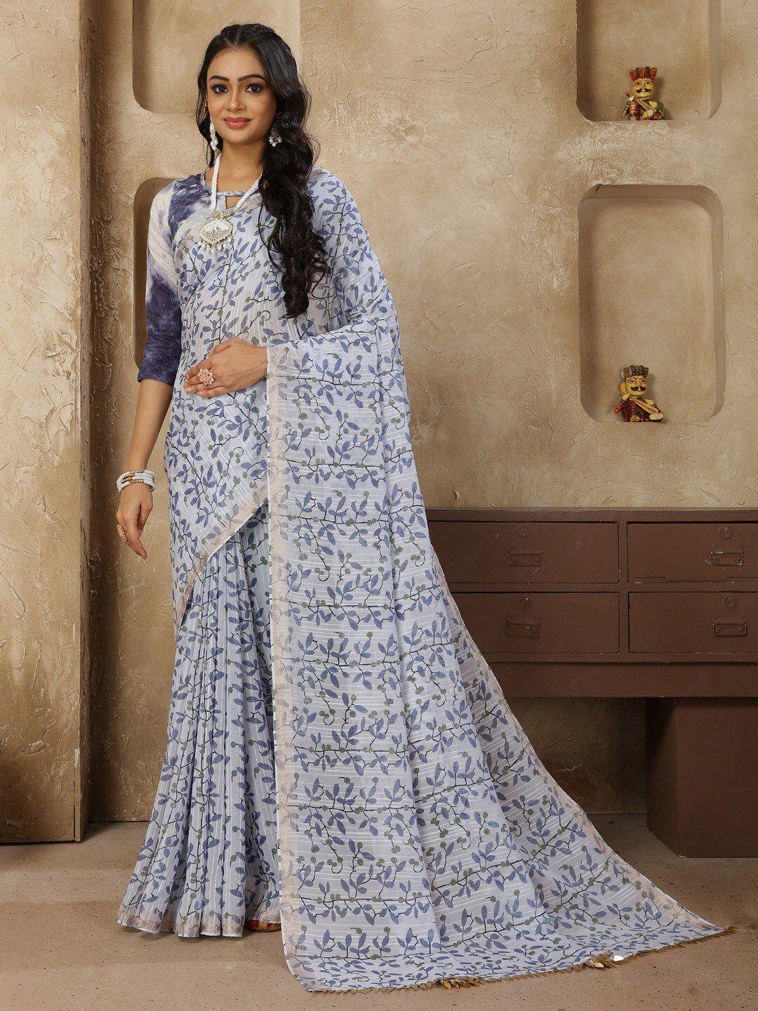 mitera white & grey floral printed zari bagh saree