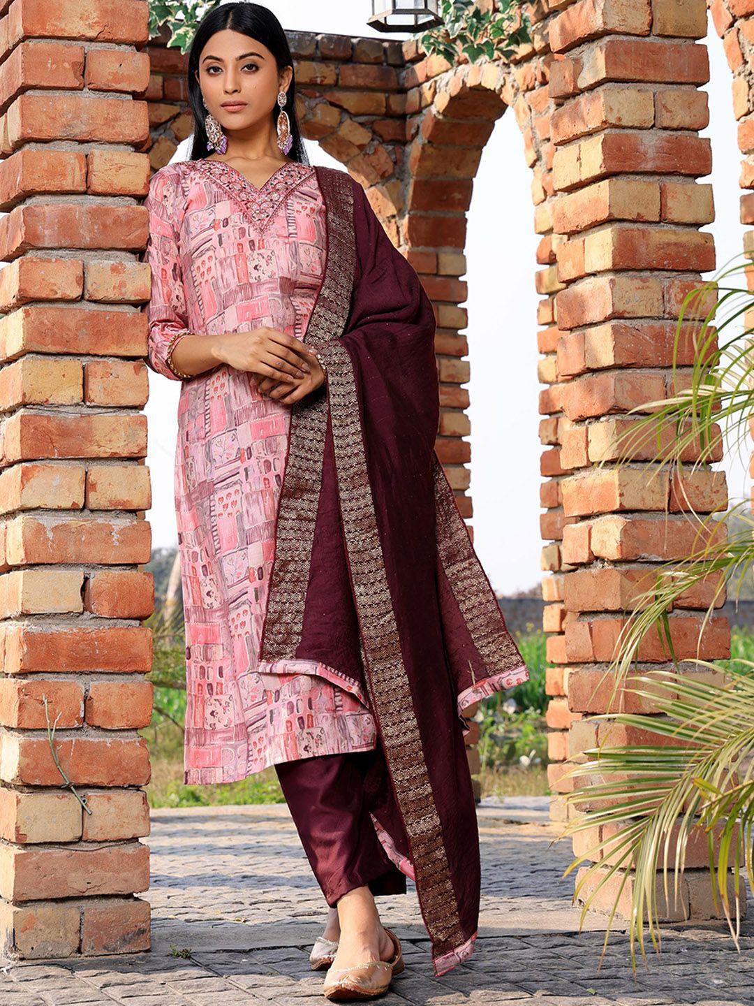 armaan ethnic motif printed thread work straight kurta & trousers with dupatta