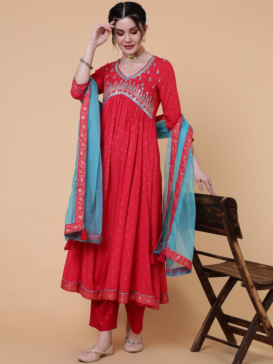 gulmohar jaipur ethnic motifs printed empire mirror work kurta with palazzos & dupatta