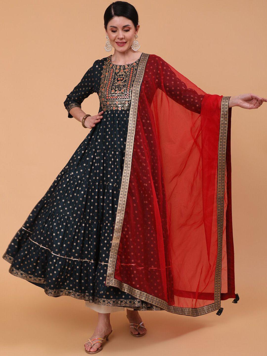 gulmohar jaipur floral printed round neck gotta patti anarkali kurta with dupatta