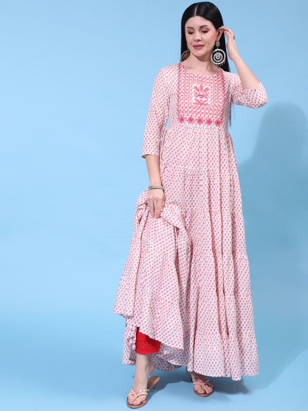 gulmohar jaipur floral yoke design mirror work cotton anarkali kurta