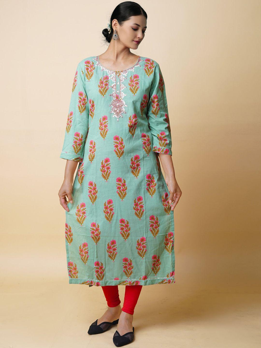 unnati silks floral printed regular sleeves gotta patti cotton kurta