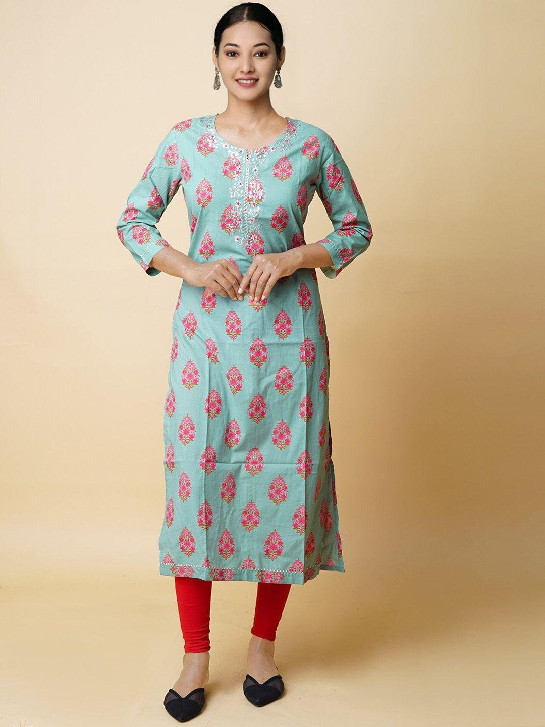 unnati silks floral printed thread work cotton kurta