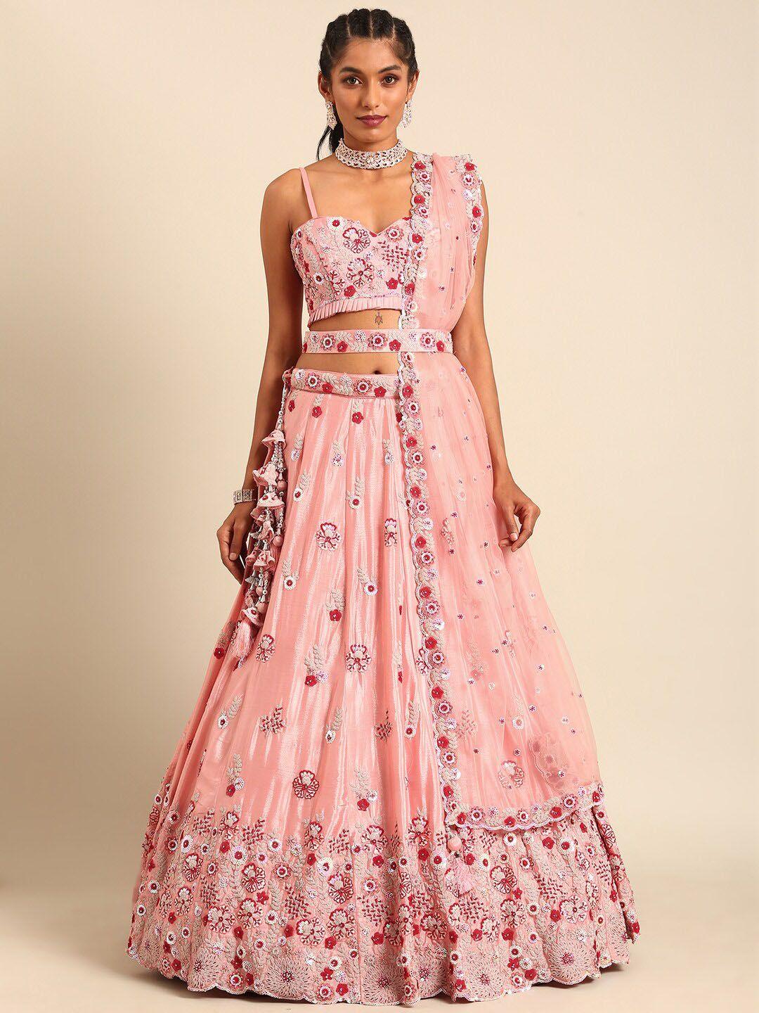 panchhi embroidered sequinned semi-stitched lehenga & unstitched blouse with dupatta