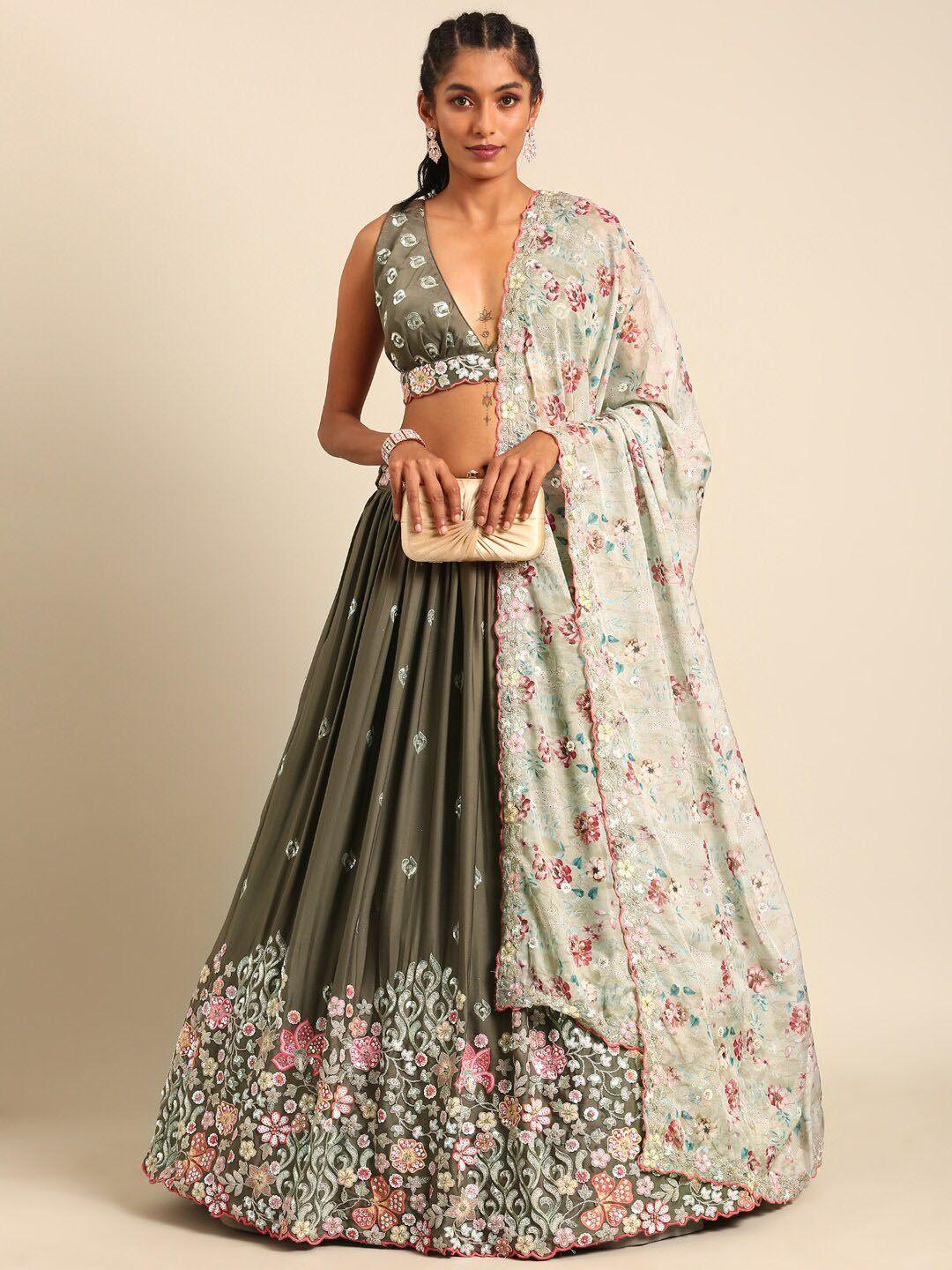 panchhi embellished sequinned semi-stitched lehenga & unstitched blouse with dupatta