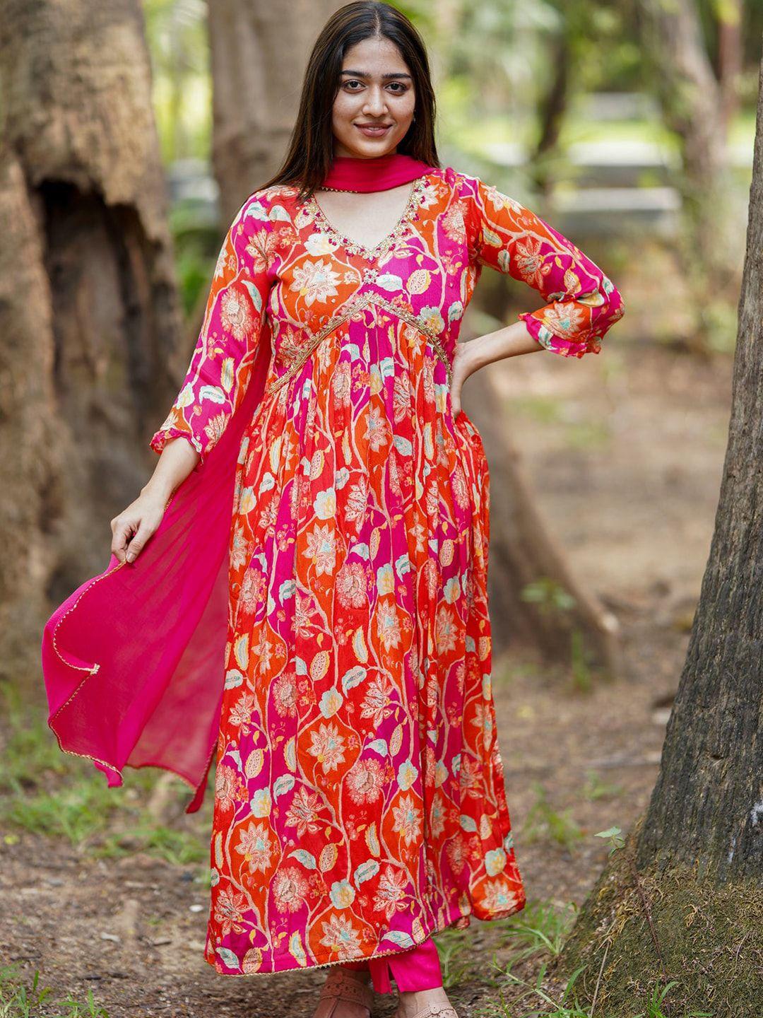 kalini women floral printed empire aari work silk chiffon kurta with trousers & with dupatta