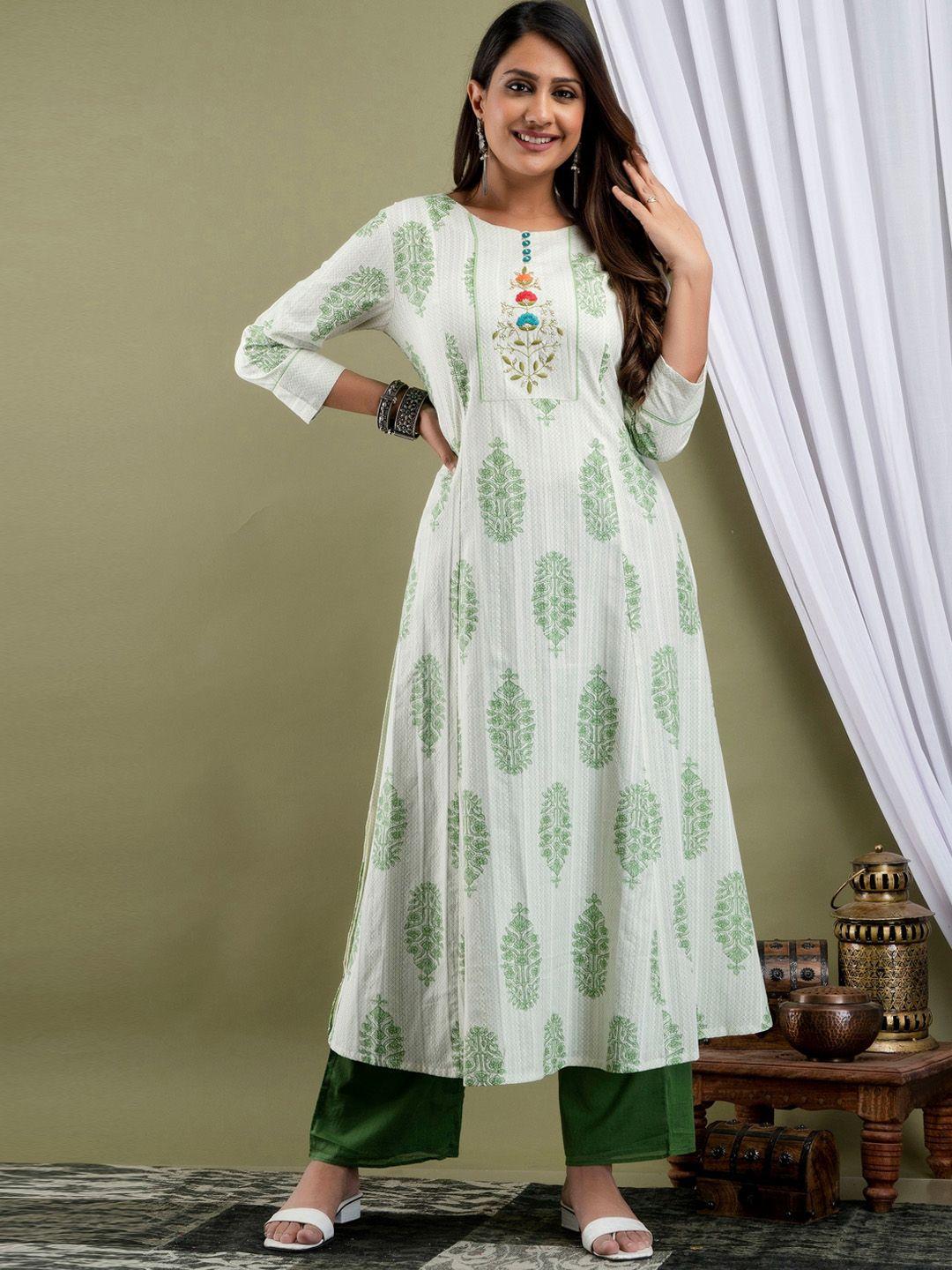 suti women ethnic motifs printed flared sleeves thread work anarkali kurta