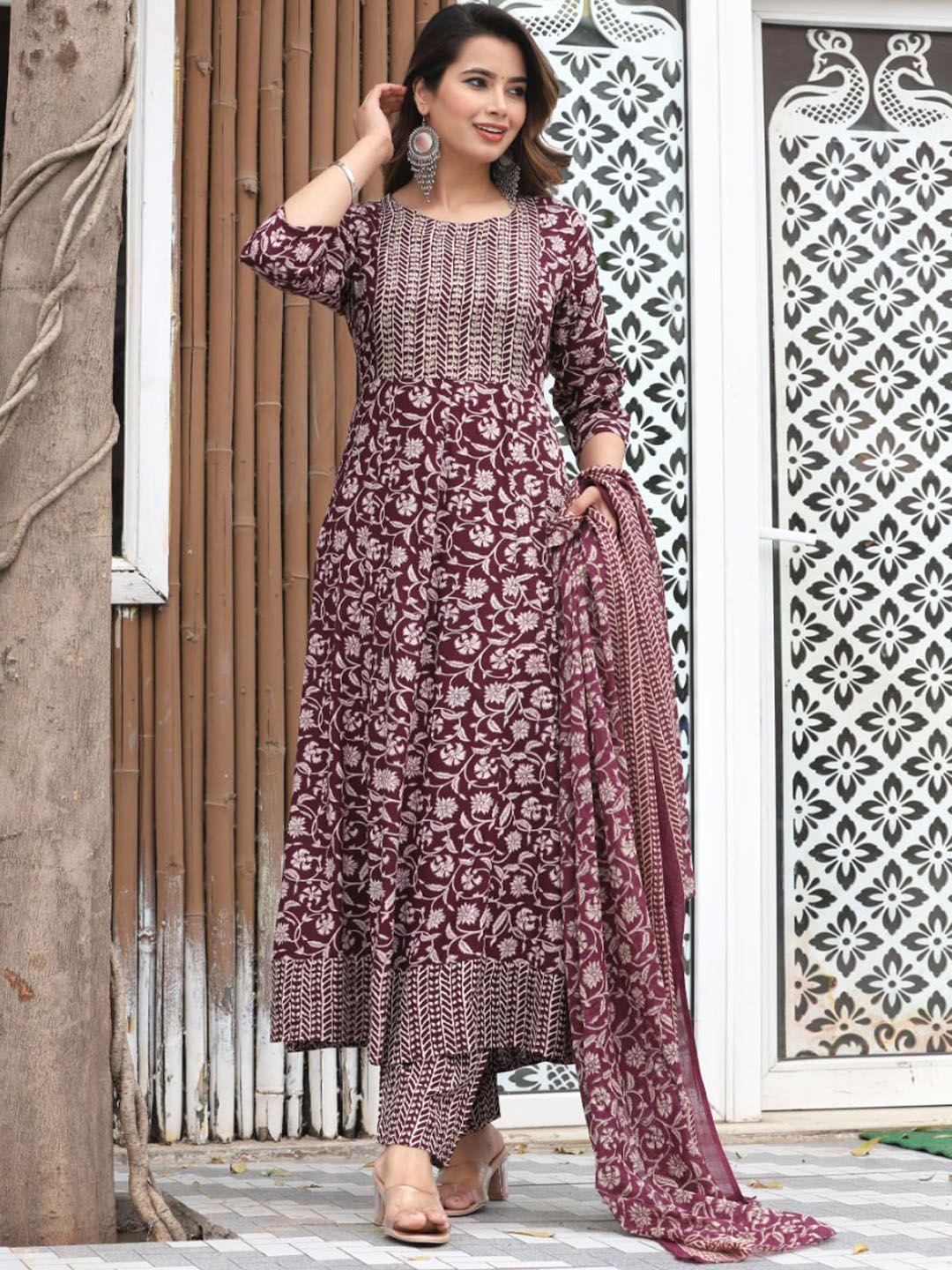 sangria printed round neck anarkali kurta with trousers & dupatta