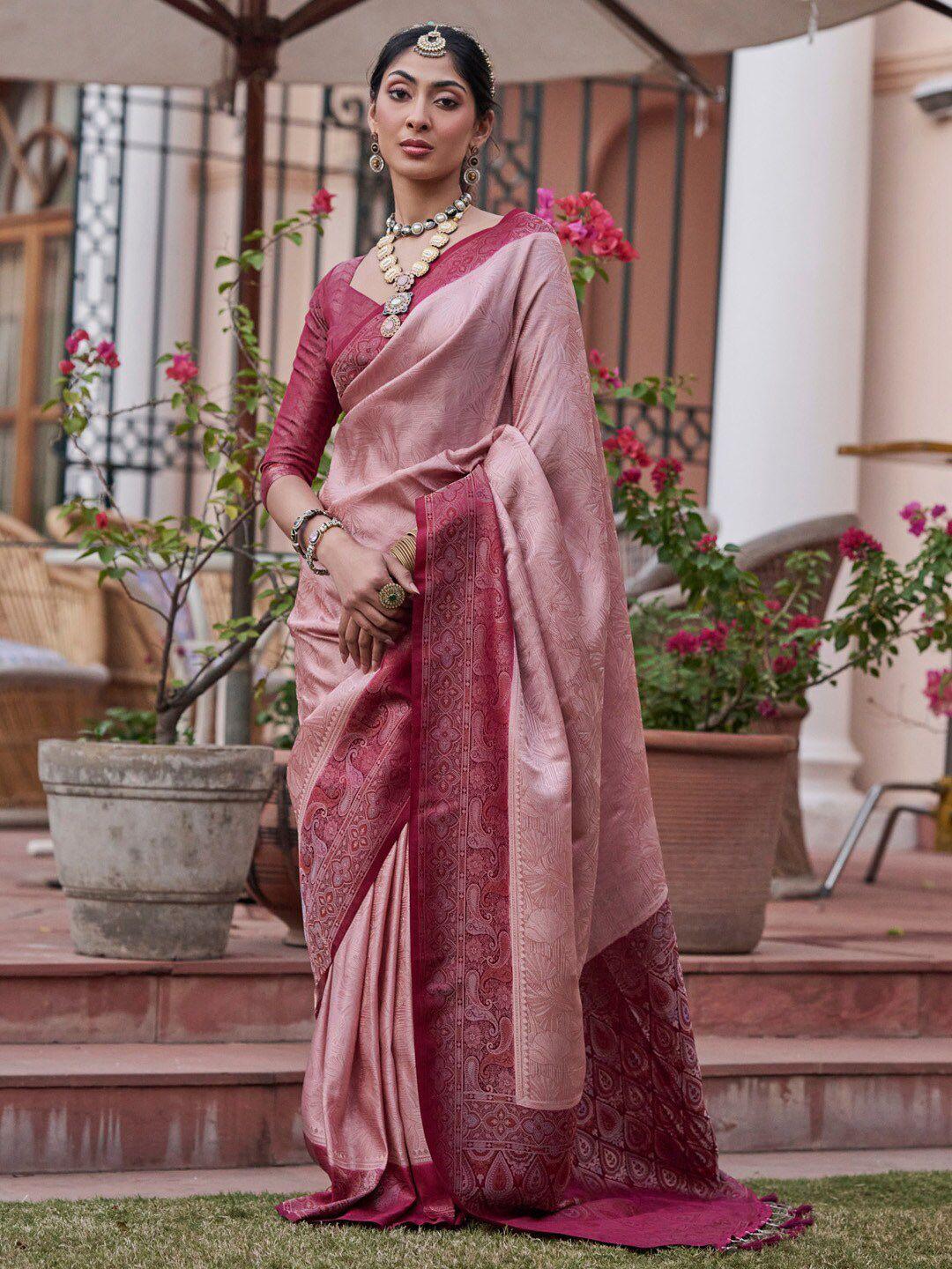 mitera rose gold ethnic motifs woven design zari banarasi saree