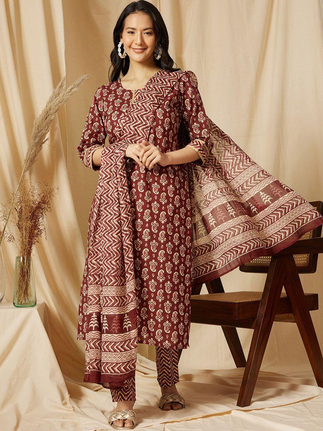 ginni arora label women paisley printed regular pure cotton kurta with trousers & with dupatta