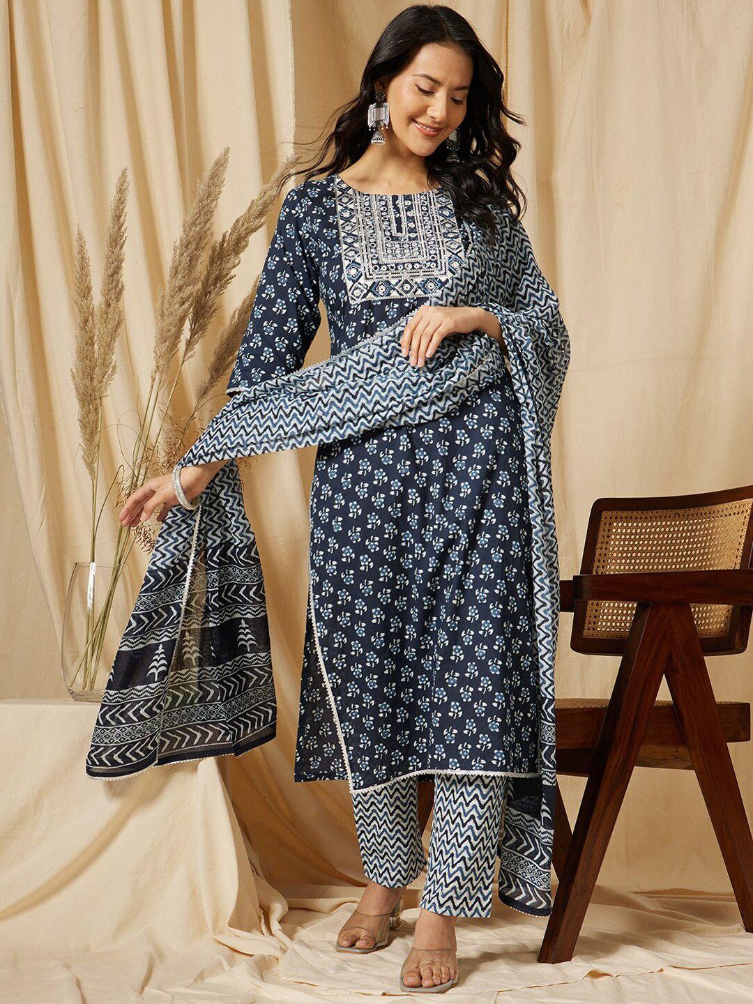 ginni arora label women floral embroidered regular pure cotton kurta with trousers & with dupatta