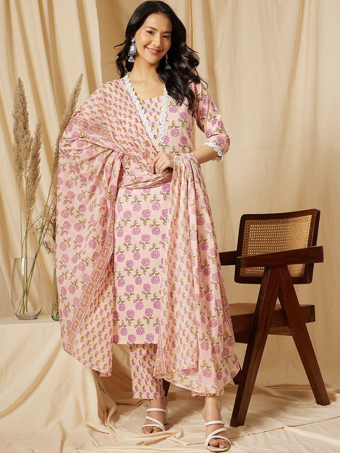 ginni arora label women ethnic motifs printed regular pure cotton kurta with trousers & with dupatta