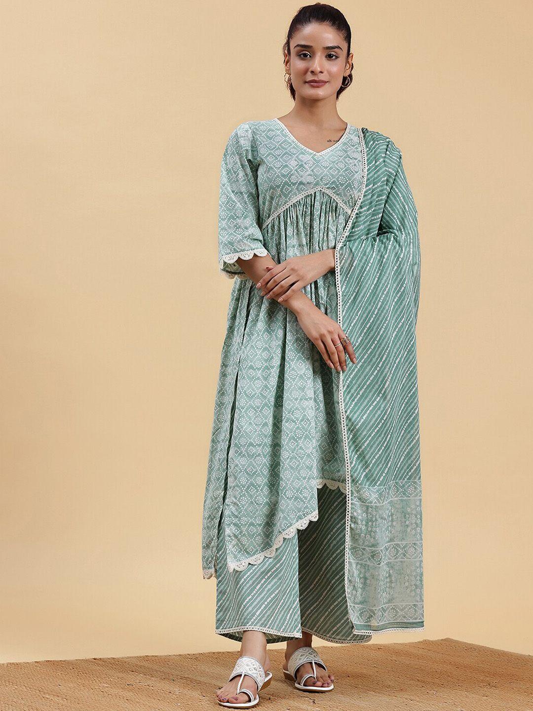 libas women bandhani printed pleated pure cotton kurta with palazzos & with dupatta