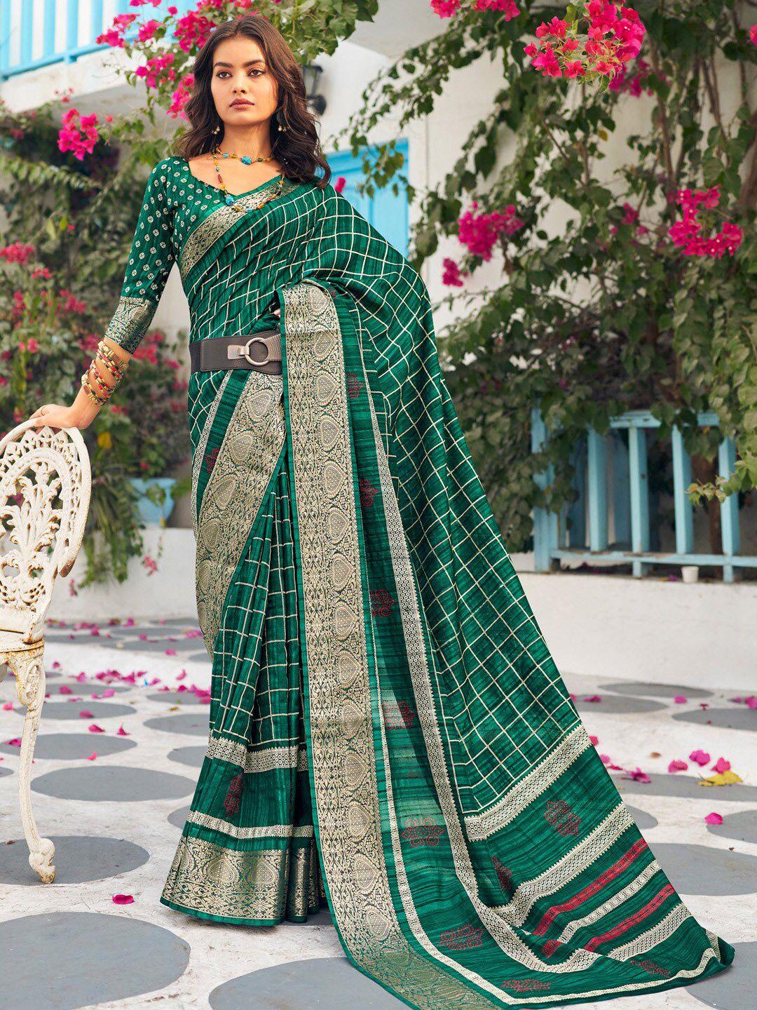 mitera green checked printed zari sungudi saree