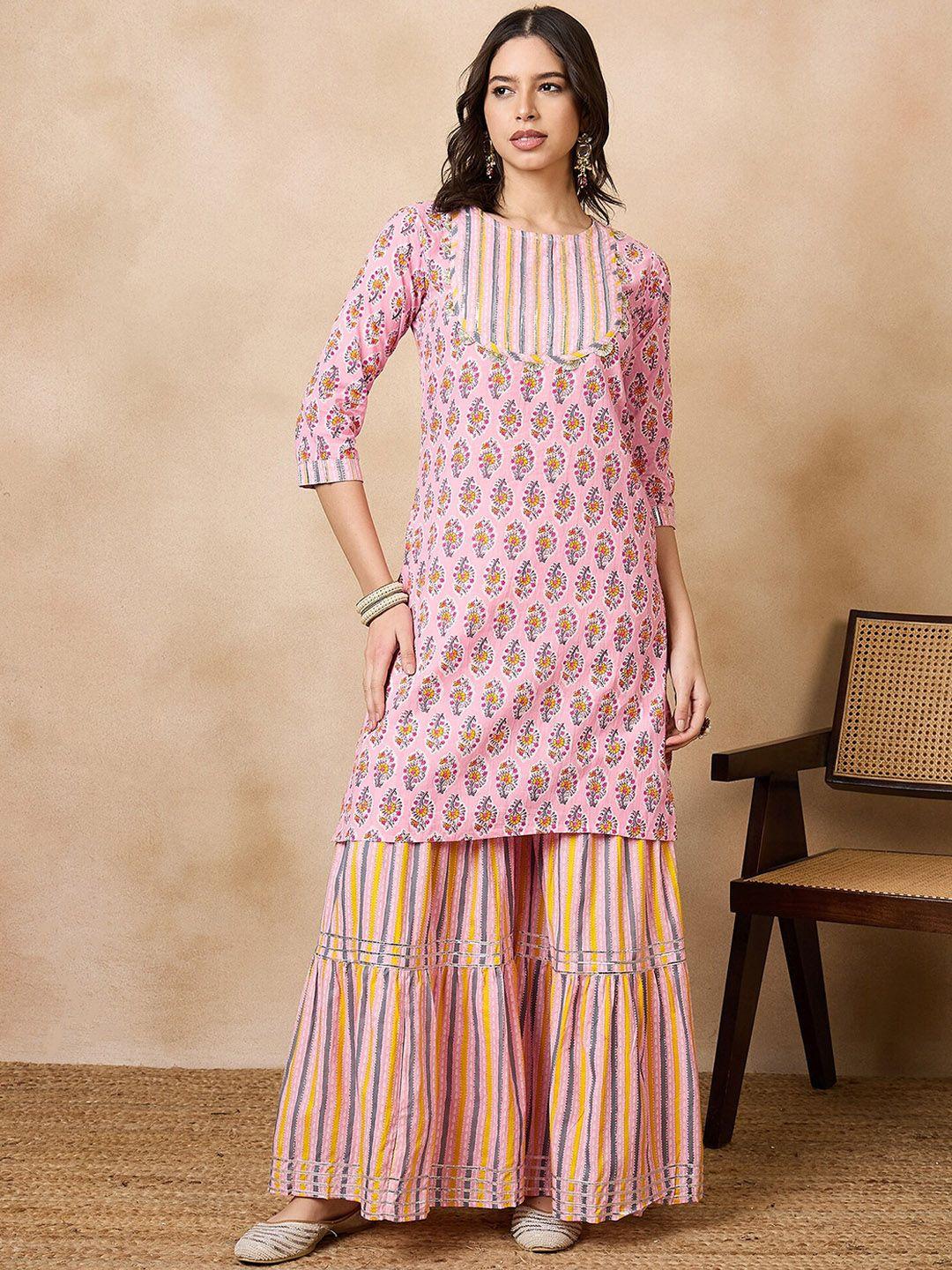 rajgranth women floral printed regular gotta patti pure cotton kurta with sharara