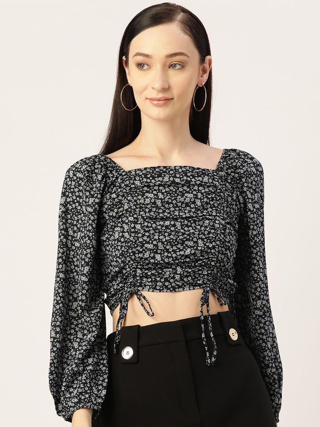 slenor square neck loral print puff sleeve georgette crop top