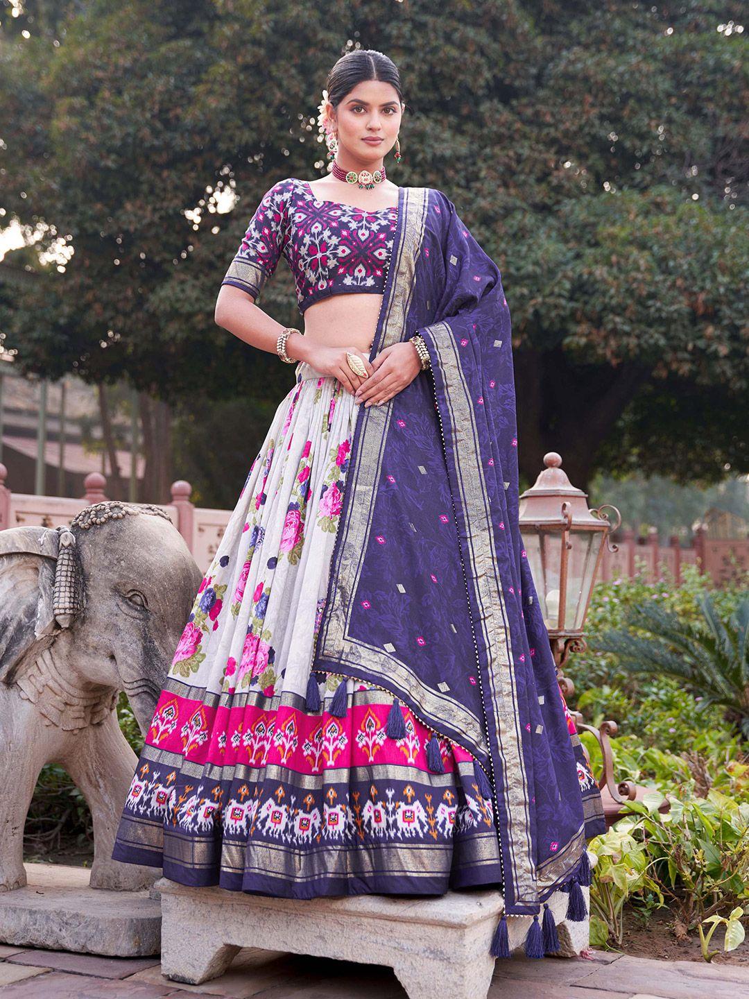 looknbook art printed foil print semi-stitched lehenga & unstitched blouse with dupatta