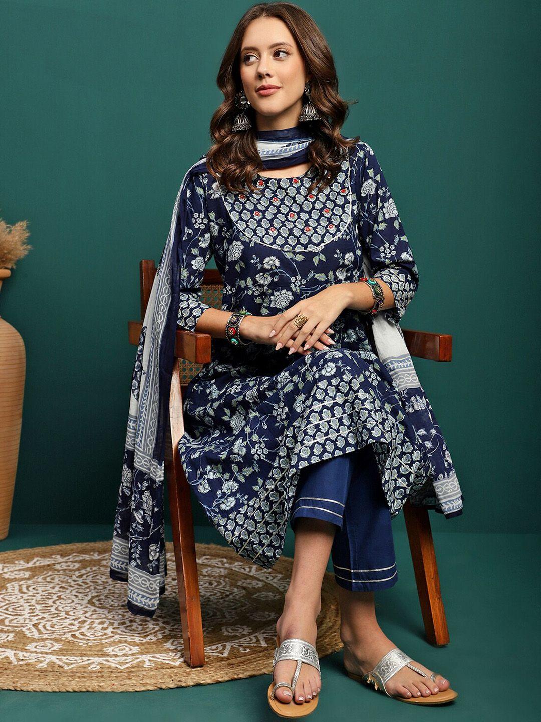 sangria printed pure cotton anarkali kurta with trouser & dupatta set