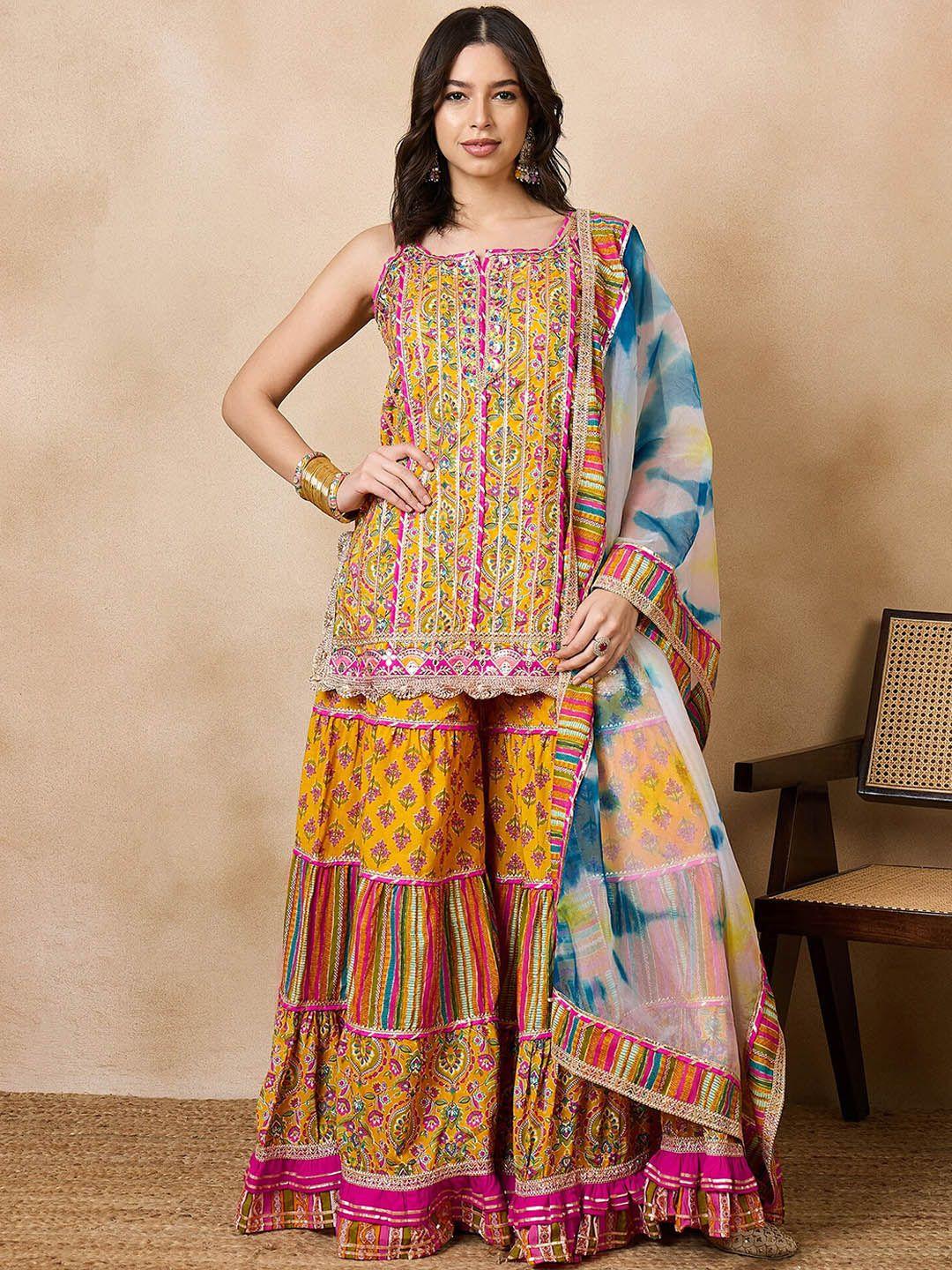 kavindi women ethnic motifs printed regular gotta patti pure cotton kurti with sharara & with dupatta