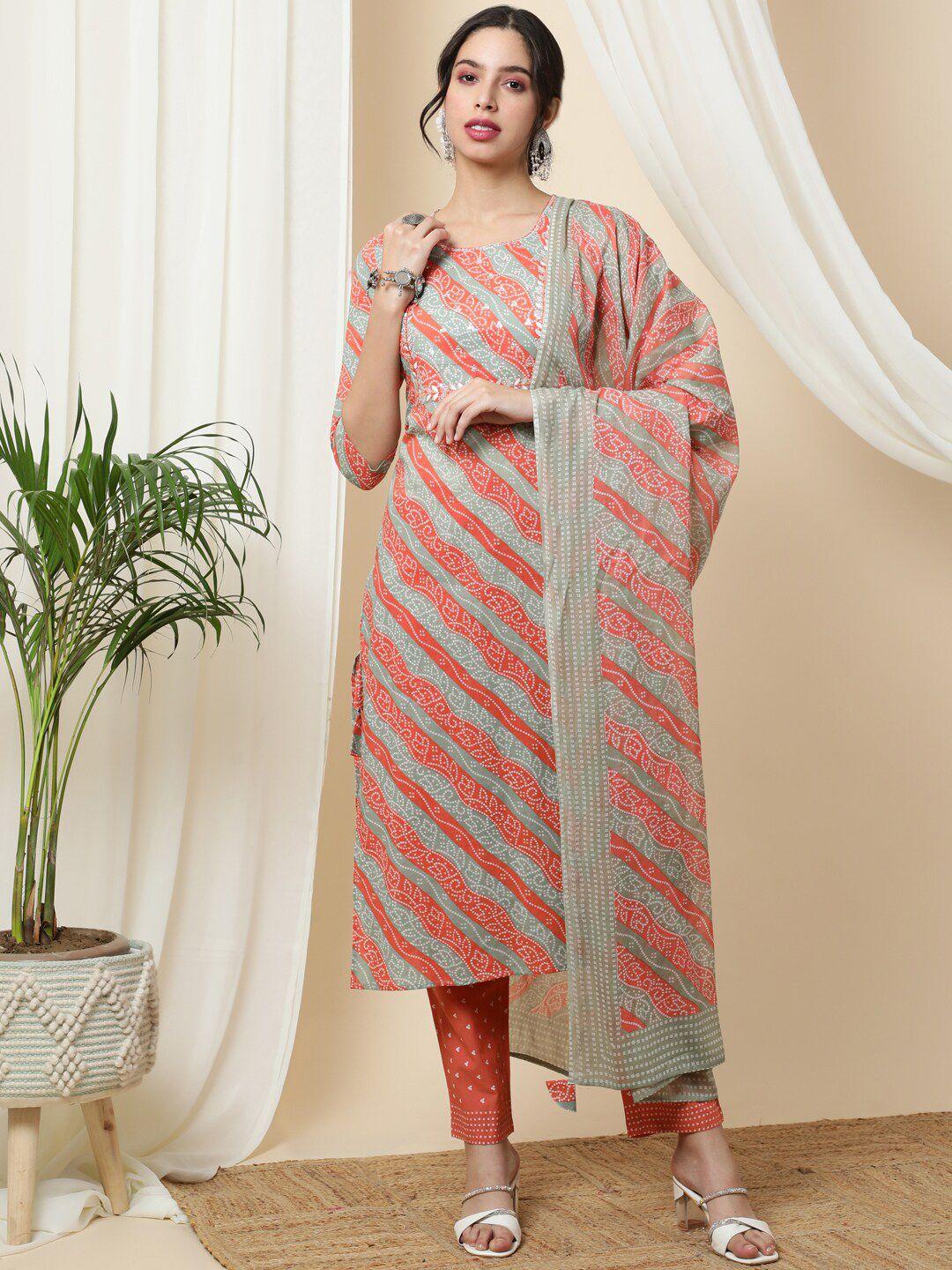 gulmohar jaipur women bandhani printed regular thread work pure cotton kurta with palazzos & with dupatta