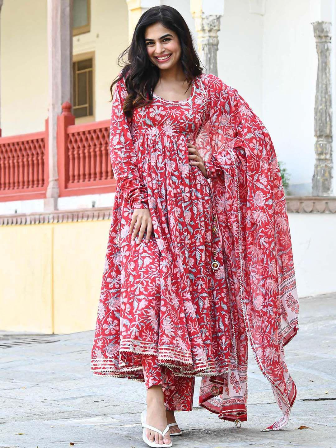 kalini floral printed anarkali kurta with trousers & dupatta