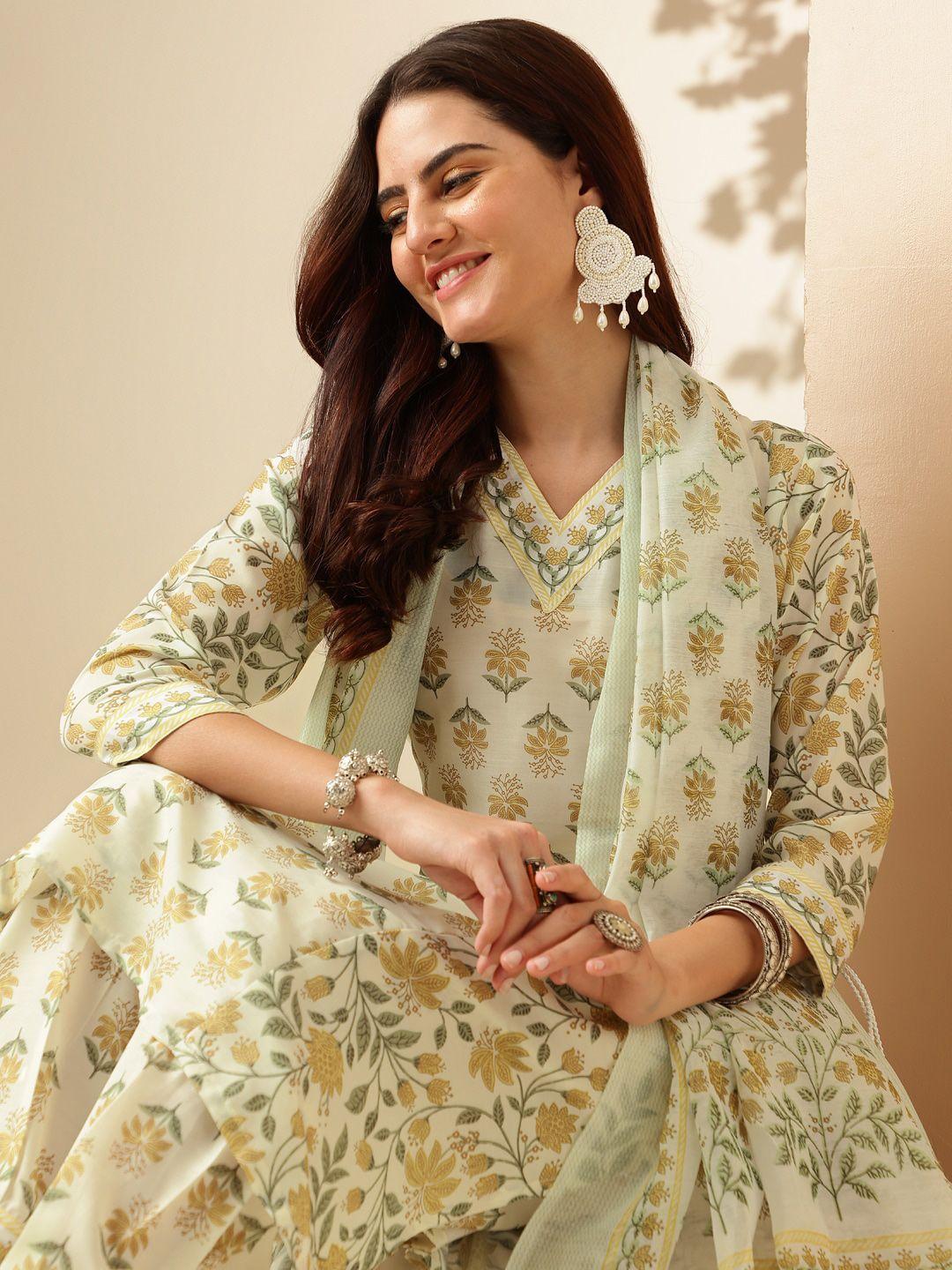 anouk floral printed pure cotton v-neck straight kurta with trouser & dupatta