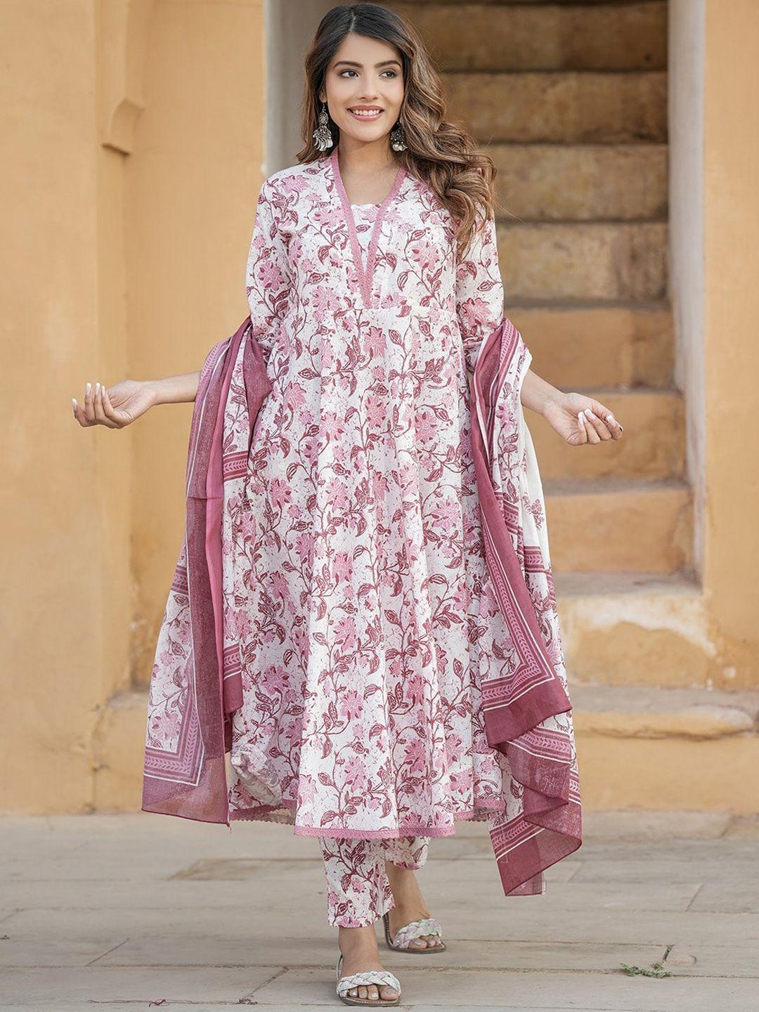 kalini floral printed regular thread work pure cotton kurta with trousers & dupatta