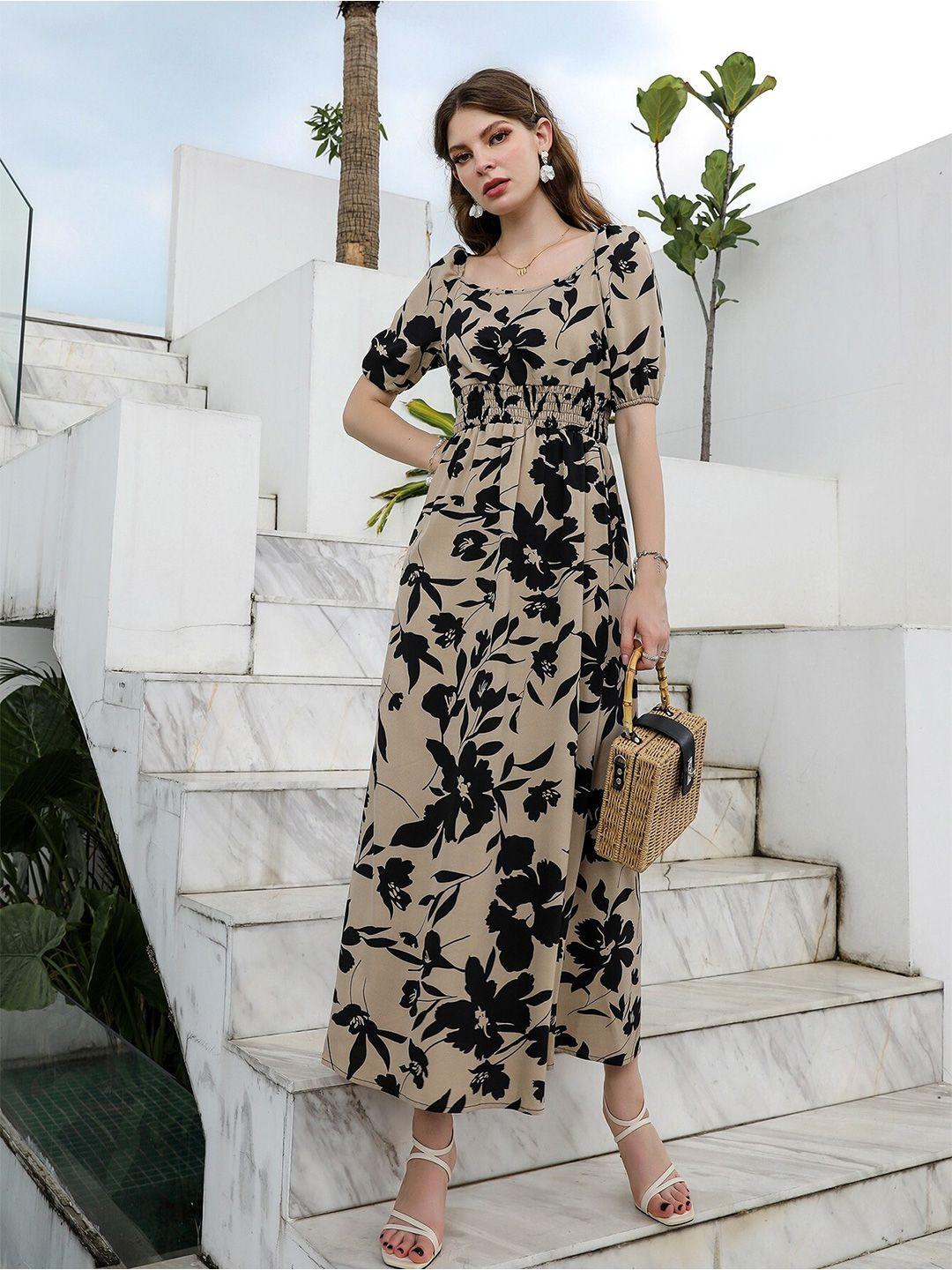 baesd floral print boat neck puff sleeves sheen crepe maxi dress