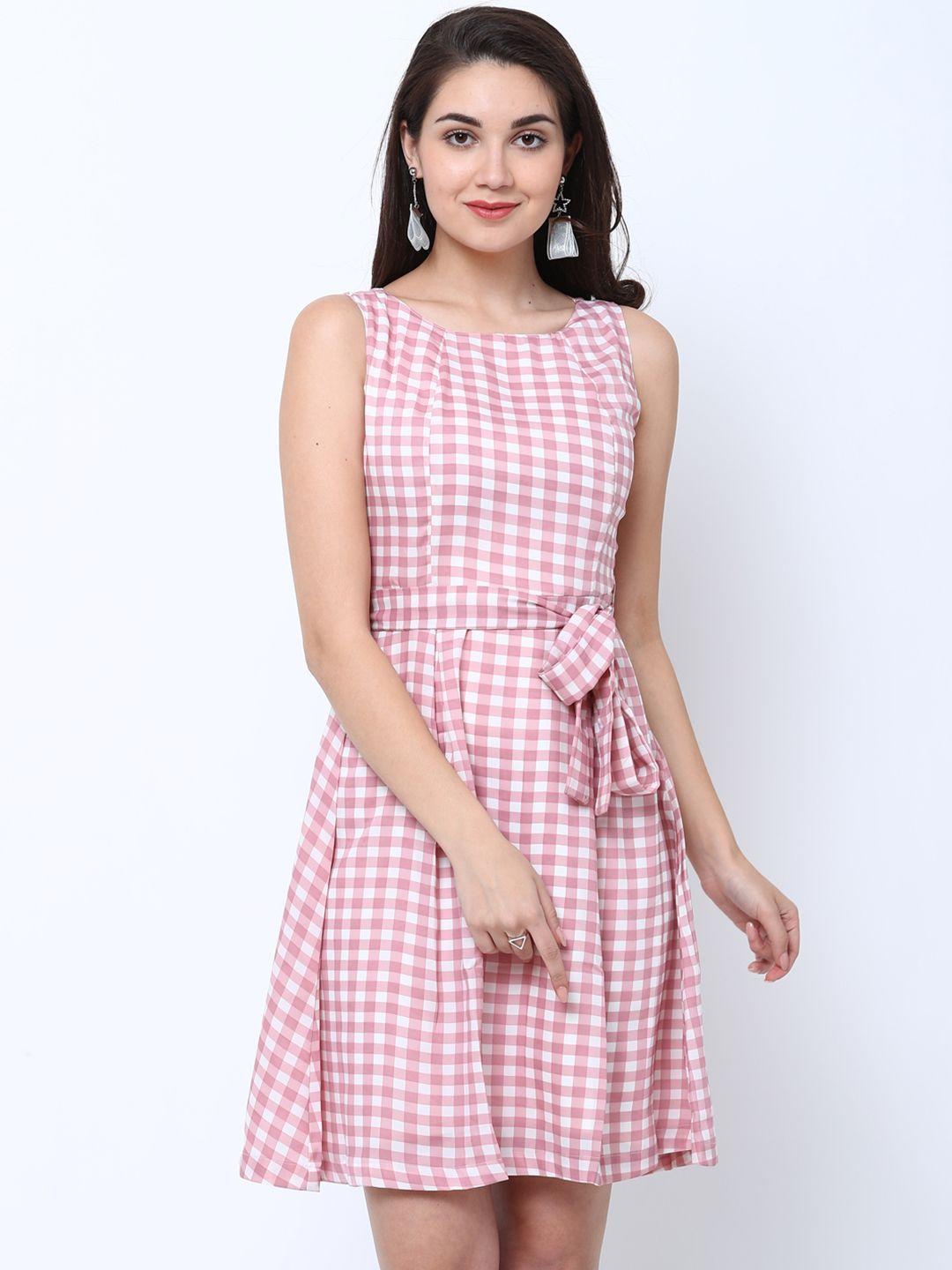 tokyo talkies women white & pink checked fit and flare dress