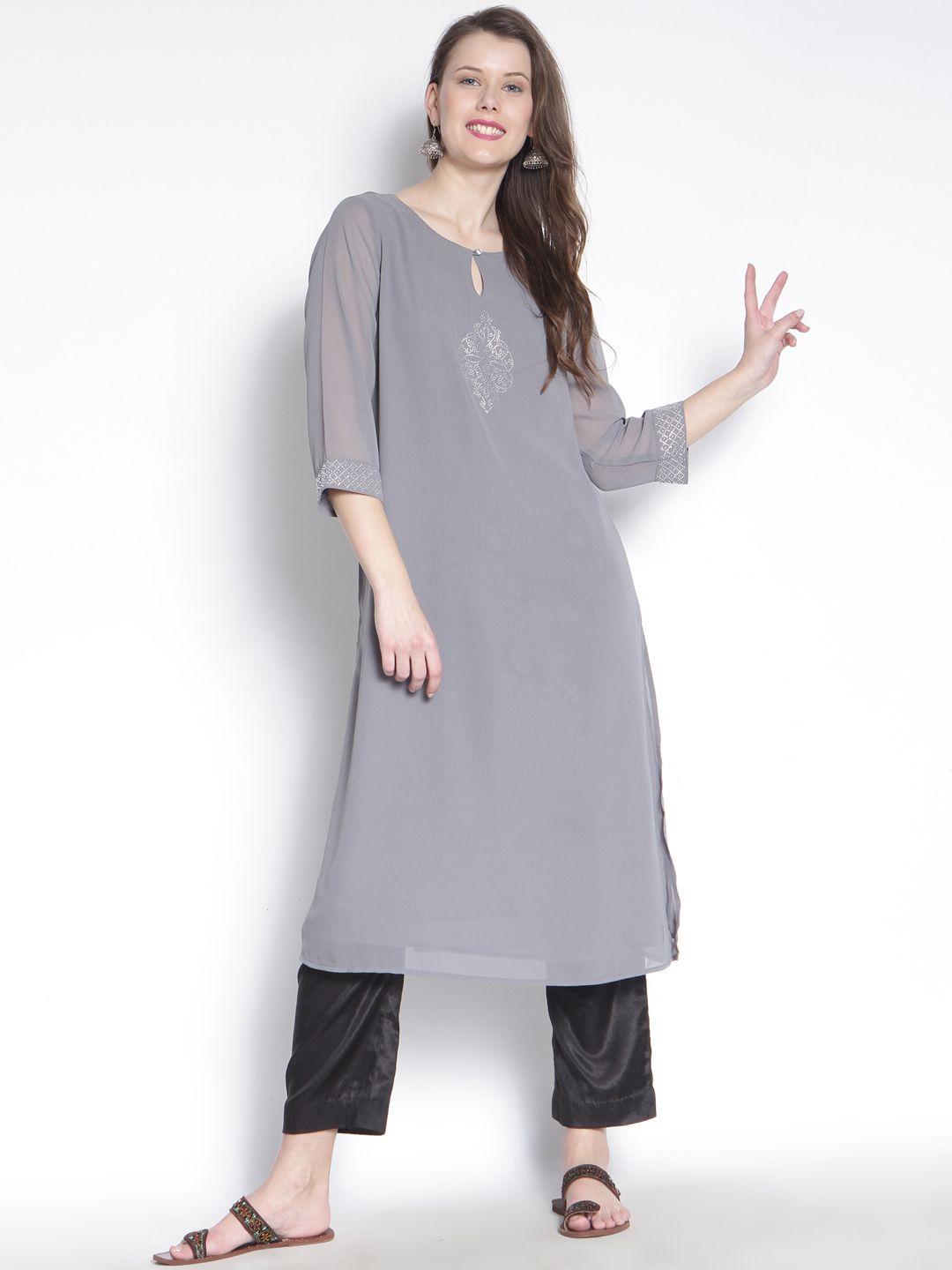 rare roots women grey solid straight embellished kurta