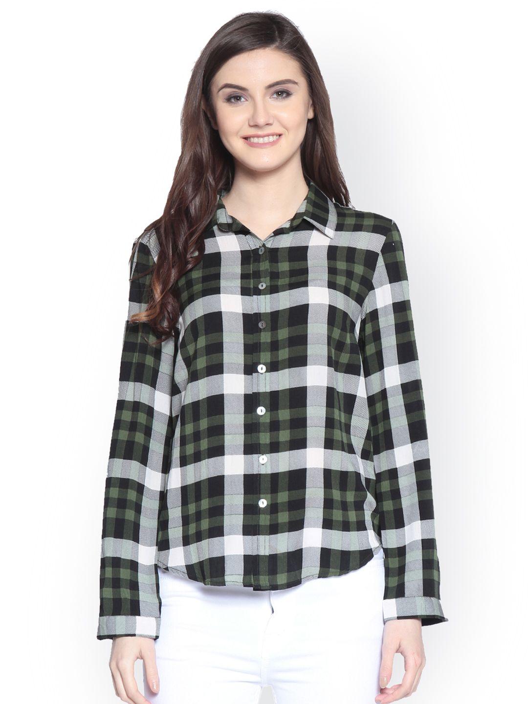 gipsy women olive green & white regular fit checked casual shirt