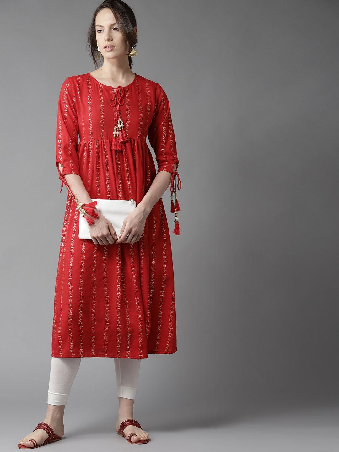 here&now women red printed a-line kurta