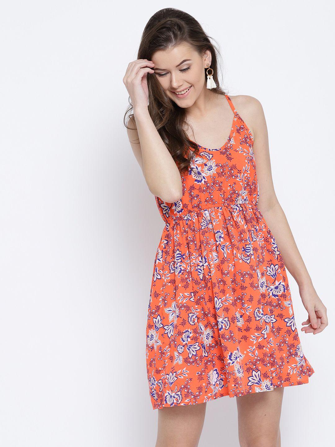 sera women orange & blue printed fit & flare dress