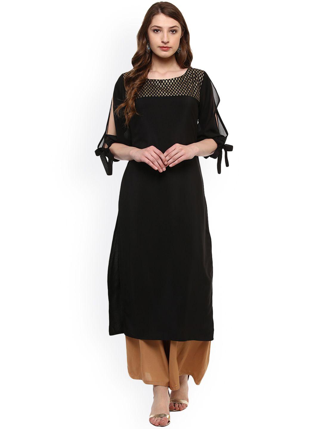 ziyaa women black solid straight crepe kurta