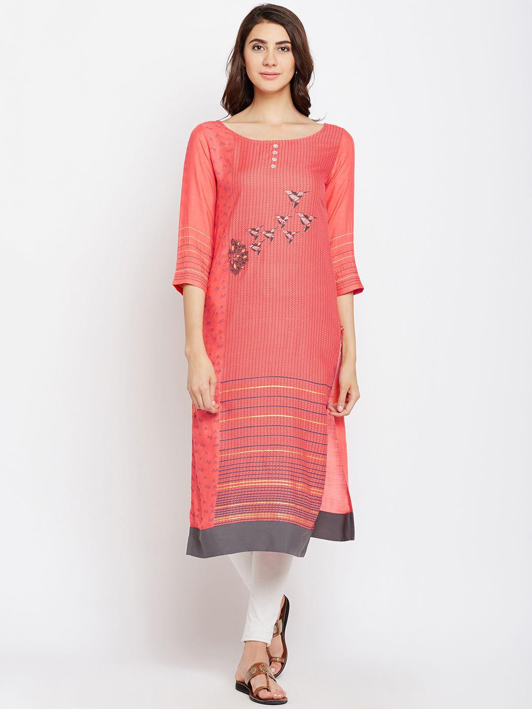 span women peach-coloured printed straight kurta