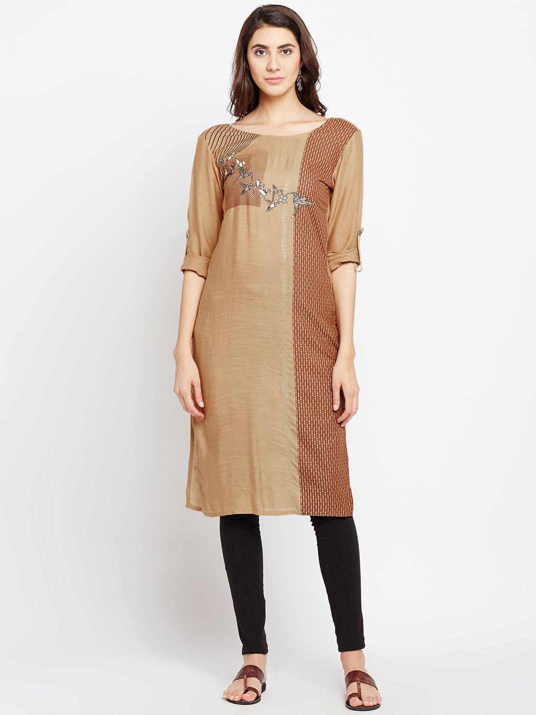 span women brown printed straight kurta