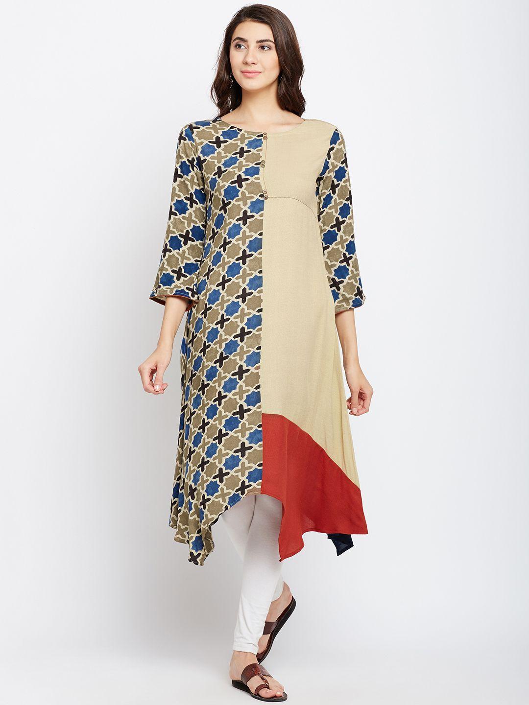 span women beige & navy blue printed a-line kurta