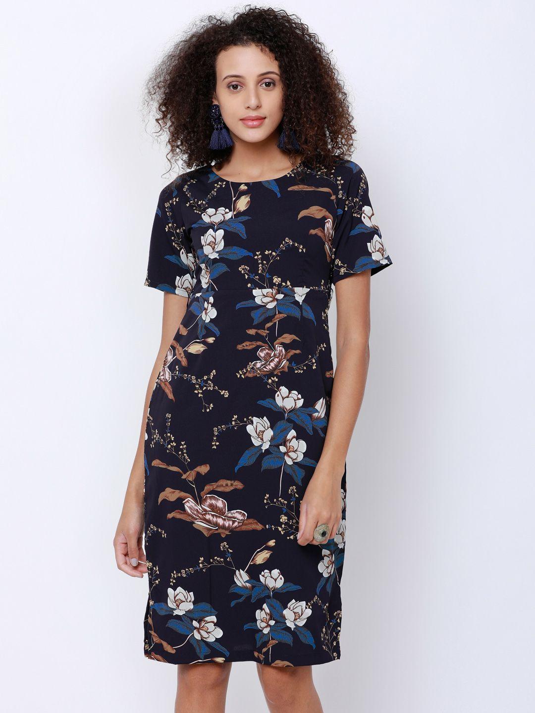 tokyo talkies women fitted navy blue printed sheath dress